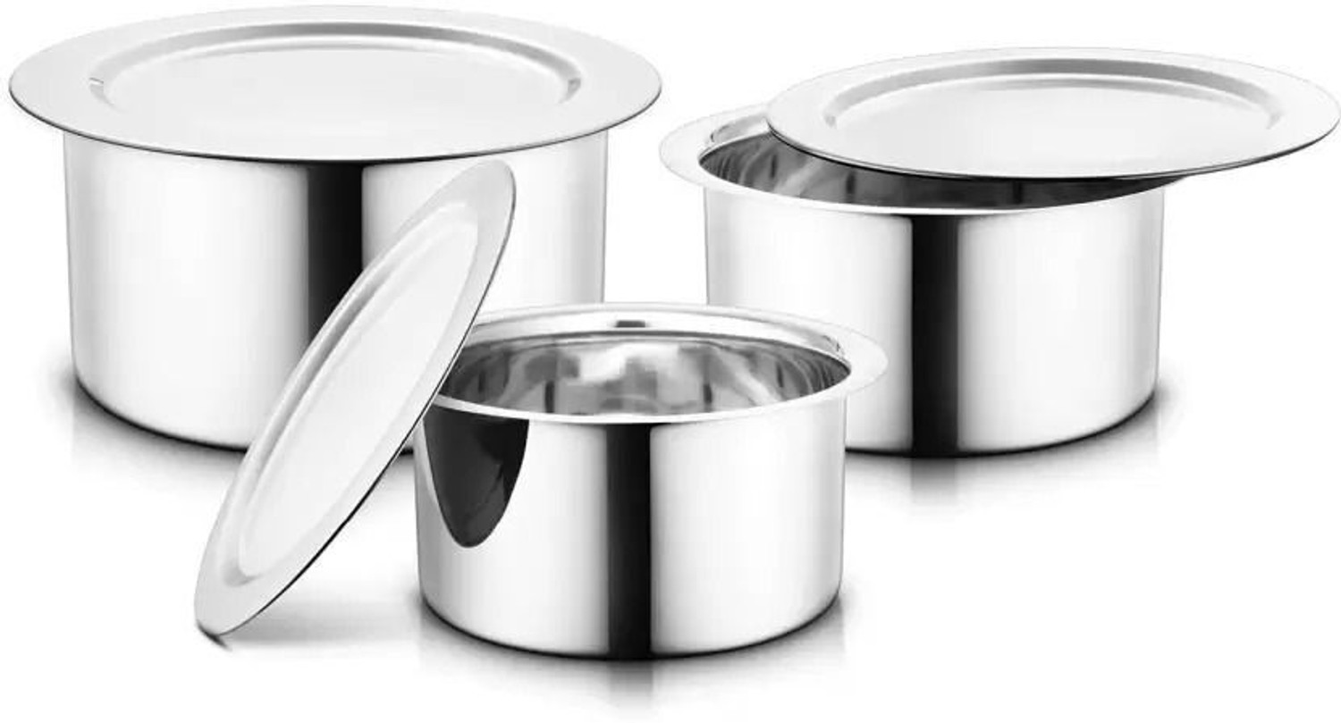 Image of Flipkart SmartBuy 3 Stainless Steel Tope Set With Lid, Cookware Pot, Cooking Patila, Milk Tope Set Induction Bottom Cookware Set