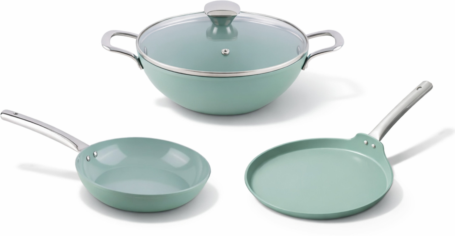 Image of Salford Forged Ceramic Non-Stick Set of 3 | Green | Induction Bottom Non-Stick Coated Cookware Set