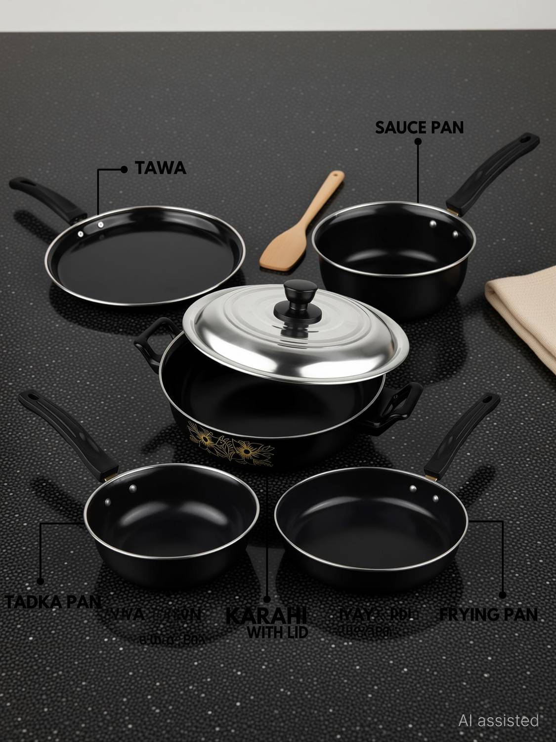 MY STORE Non-Stick Cookware Set (6 Pcs) Kadhai with Lid, Tawa