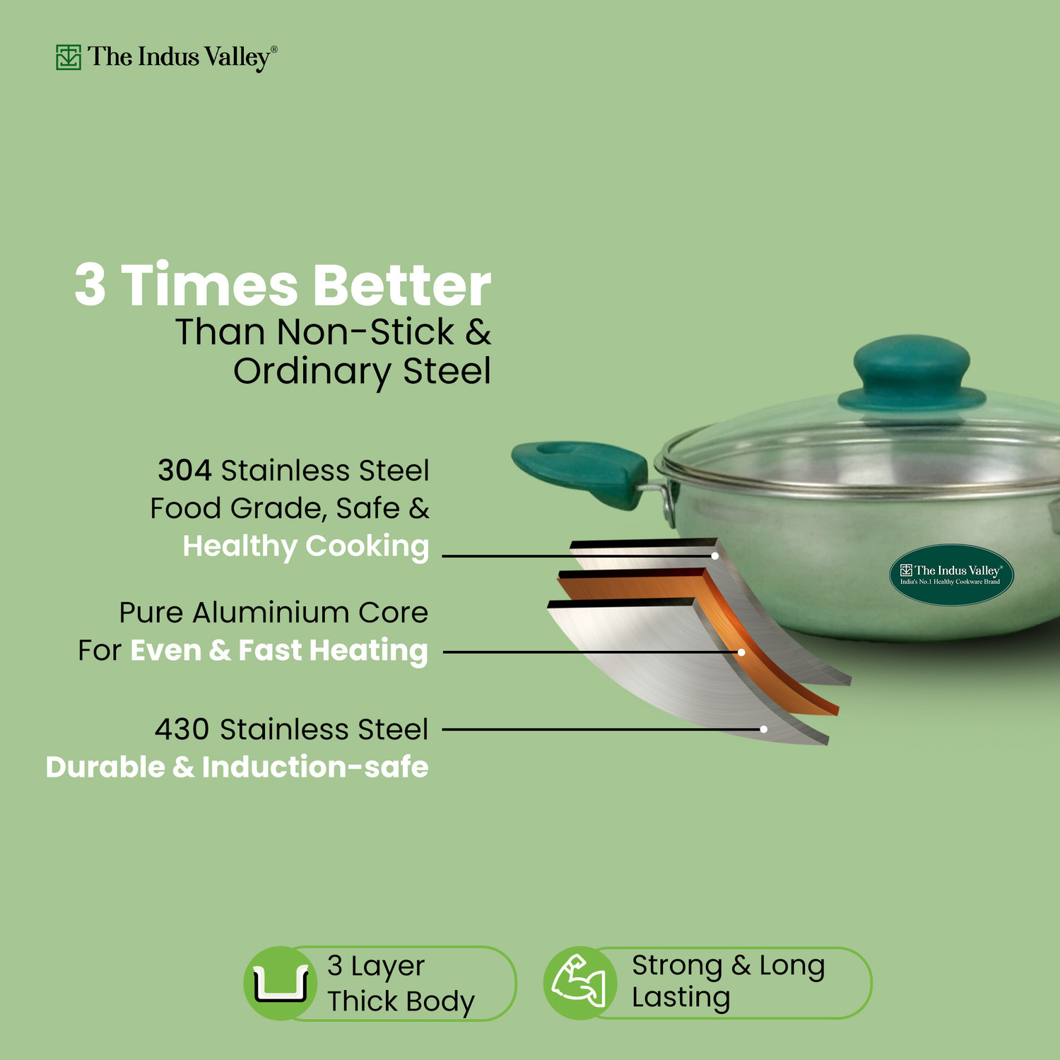 Image of The Indus Valley Triply Stainless Steel Cookware Set- Kadai, Fry pan, Saucepan Induction Bottom Non-Stick Coated Cookware Set