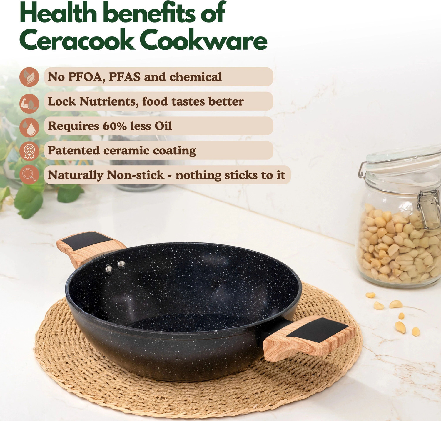 Image of Kreme Ceracook Granite Ceramic Kadhai Cookware Set of 2pcs Induction Bottom Cookware Set