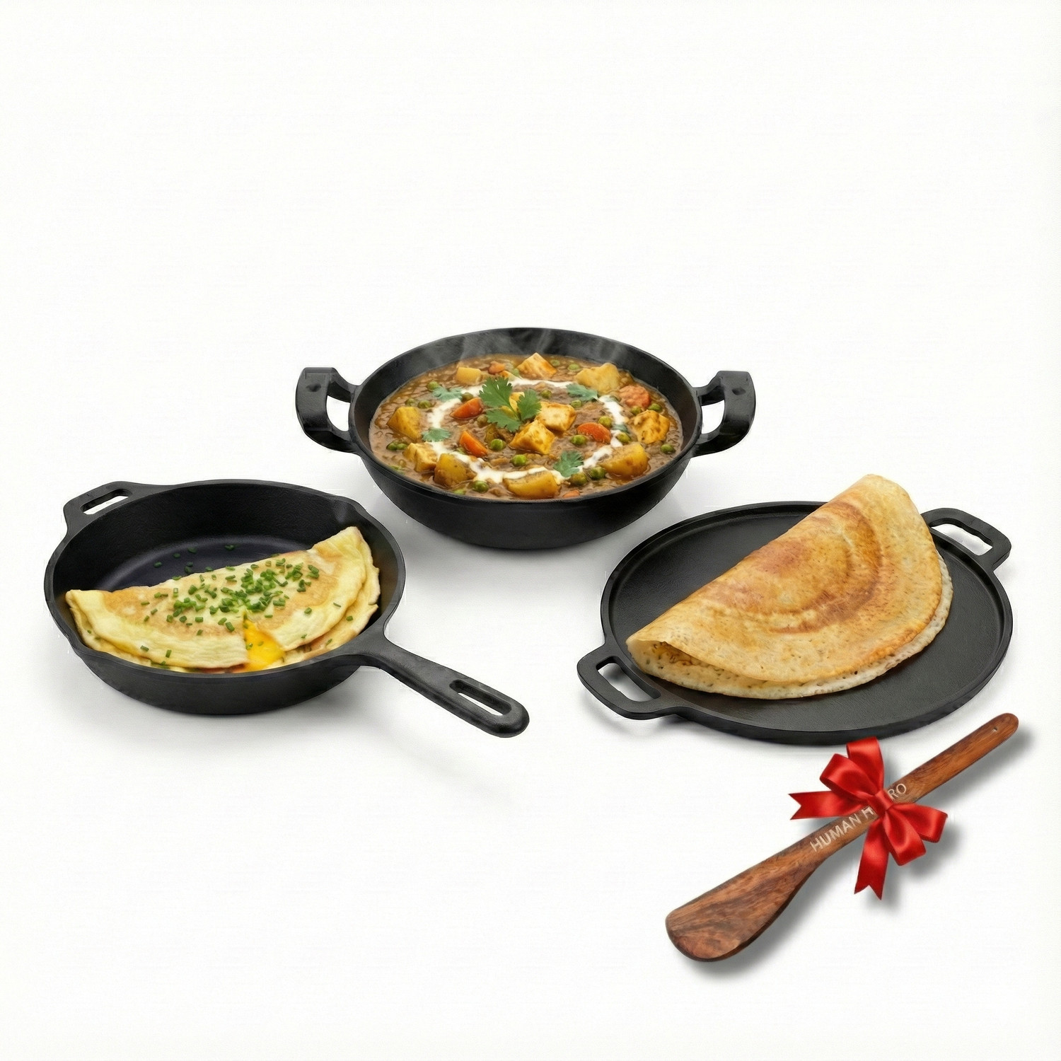 Image of Human Hydro Cast Iron Combo - 30cm Tawa, 25cm Fry Pan, 26cm Kadai With Wooden Spatula Induction Bottom Cookware Set
