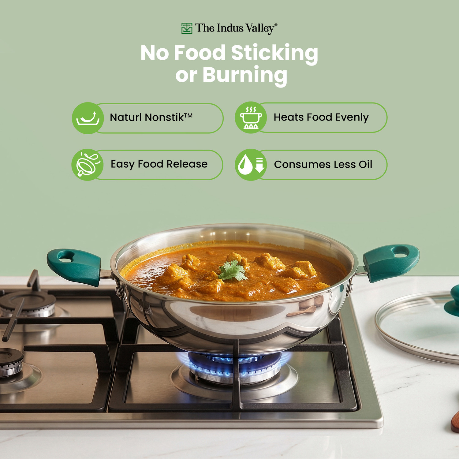 Image of The Indus Valley Triply Stainless Steel Cookware Set- Kadai, Fry pan, Saucepan Induction Bottom Non-Stick Coated Cookware Set