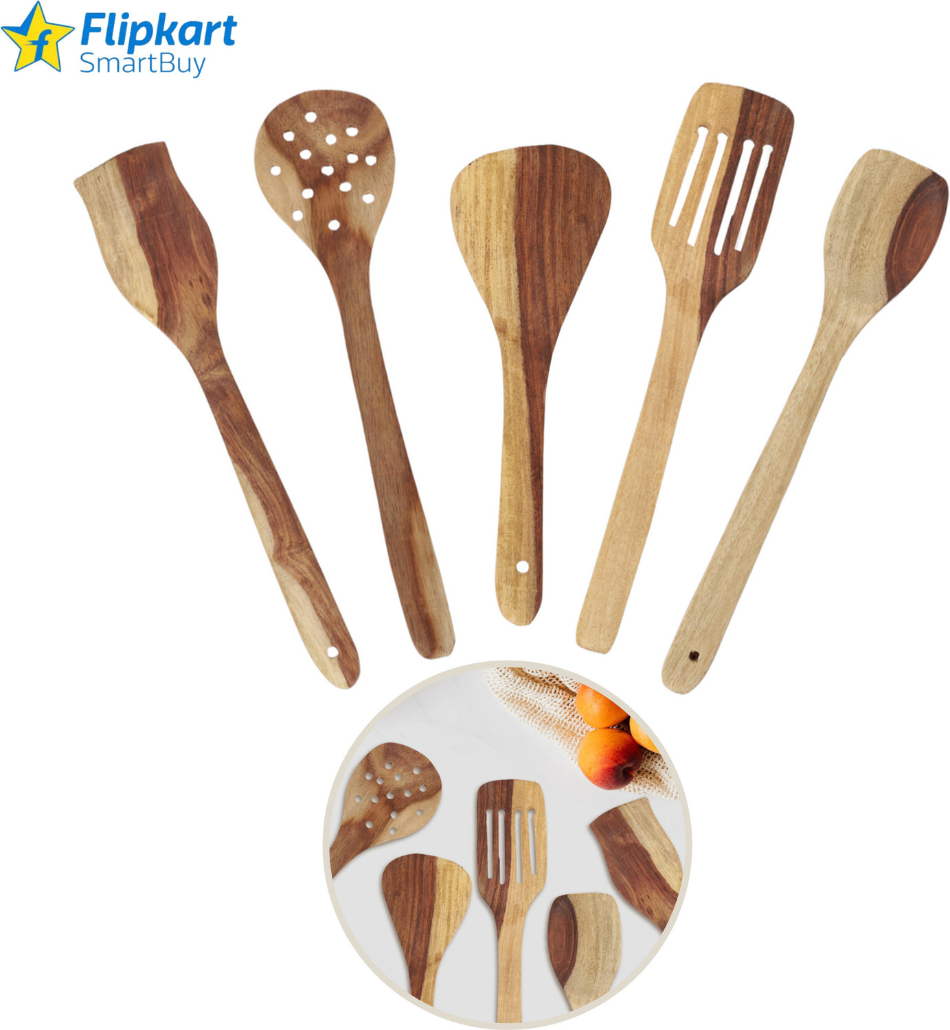 Image of Flipkart SmartBuy Set of Kadhai, Tawa, Fry Pan, Sauce Pan, Tadka Pan & 5 Wooden Spatula 09 | Induction Bottom Non-Stick Coated Cookware Set