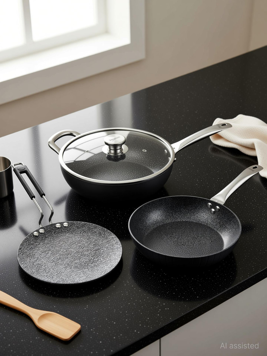 Image of Prestige Durastone BYK 6 Layers coating Set-Tawa-24.5cm+Kadai-24cm+Fry Pan-24cm Induction Bottom Non-Stick Coated Cookware Set