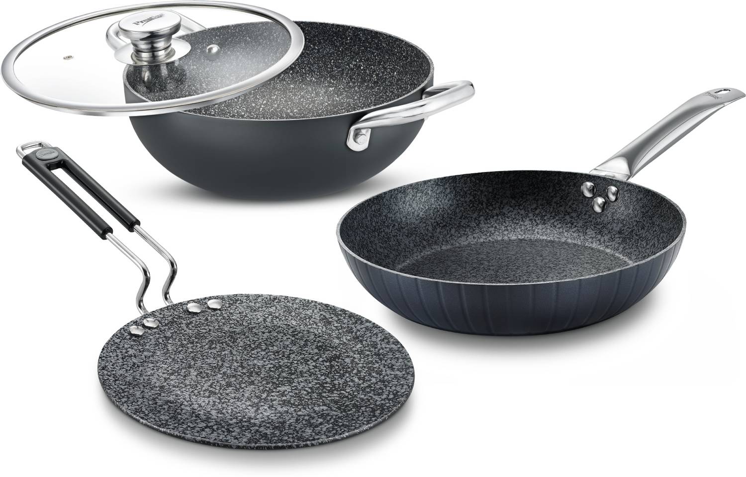 Prestige Durastone BYK 6 Layers coating Set-Tawa-24.5cm+Kadai-24cm+Fry Pan-24cm Induction Bottom Non-Stick Coated Cookware Set — Fry Pans & Cookware Sets