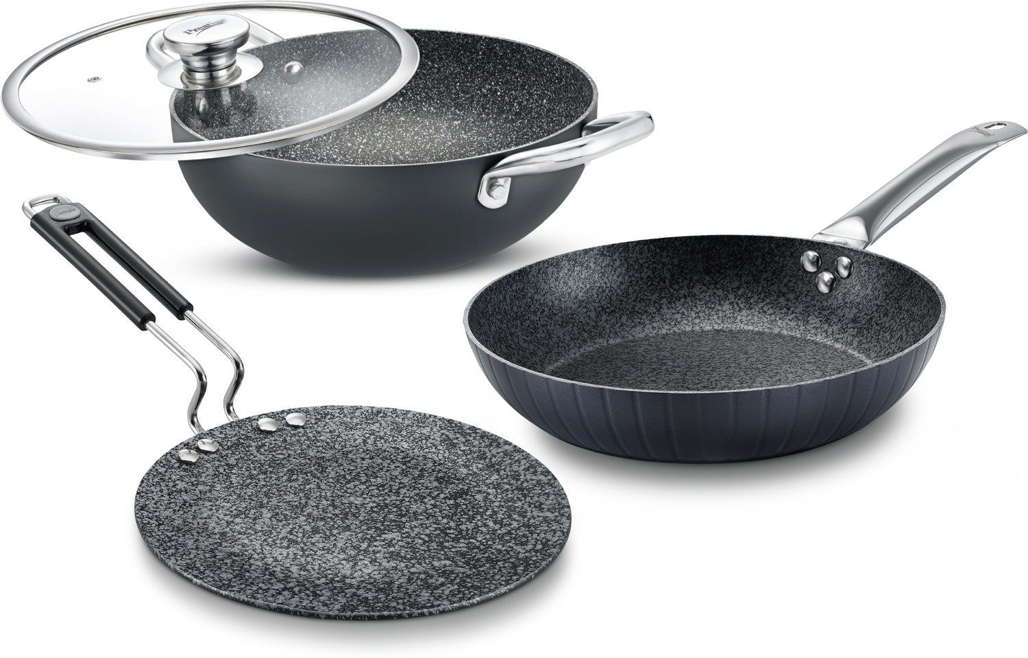Image of Prestige Durastone BYK 6 Layers coating Set-Tawa-24.5cm+Kadai-24cm+Fry Pan-24cm Induction Bottom Non-Stick Coated Cookware Set
