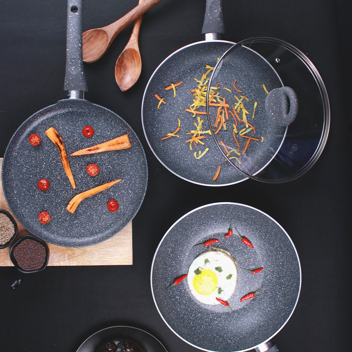 Image of WONDERCHEF Granite Non-stick 4-piece Cookware Set(Fry Pan with Lid, Wok, Dosa Tawa), Induction bottom, Soft-touch handles, Virgin grade aluminium, PFOA /Heavy metals free, 3.5mm, 2 years warranty Induction Bottom Non-Stick Coated Cookware Set