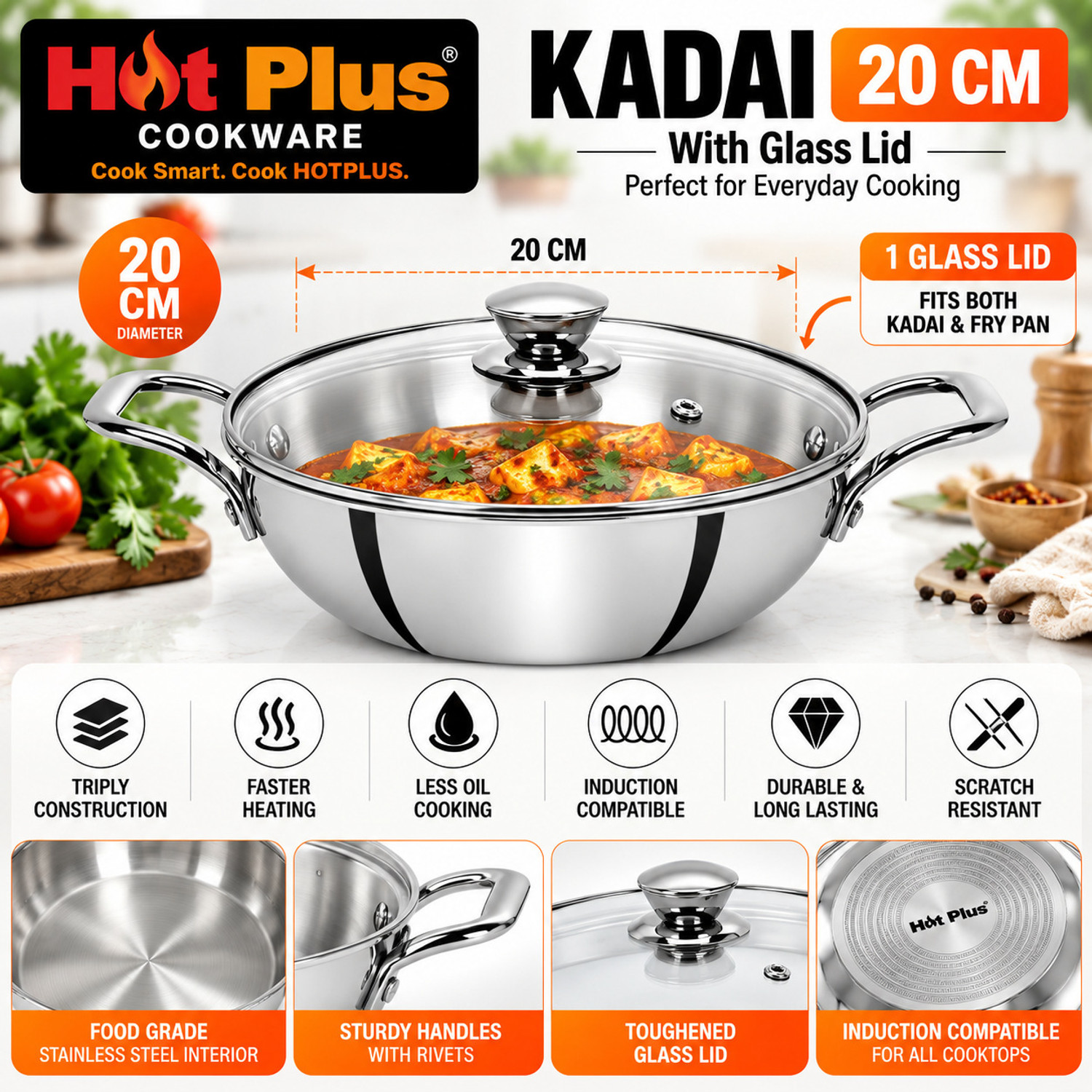 Image of hot plus Triply Stainless Steel Kadai, Fry Pan & Saucepan Combo with Glass Lid Induction Bottom Cookware Set (Triply, 4 - Piece)