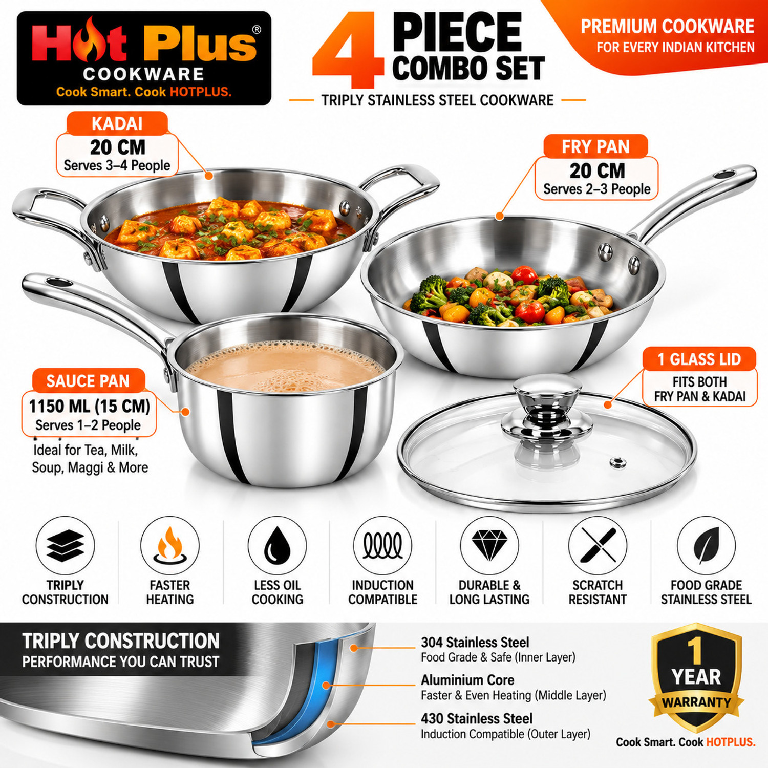 Image of hot plus Triply Stainless Steel Kadai, Fry Pan & Saucepan Combo with Glass Lid Induction Bottom Cookware Set (Triply, 4 - Piece)