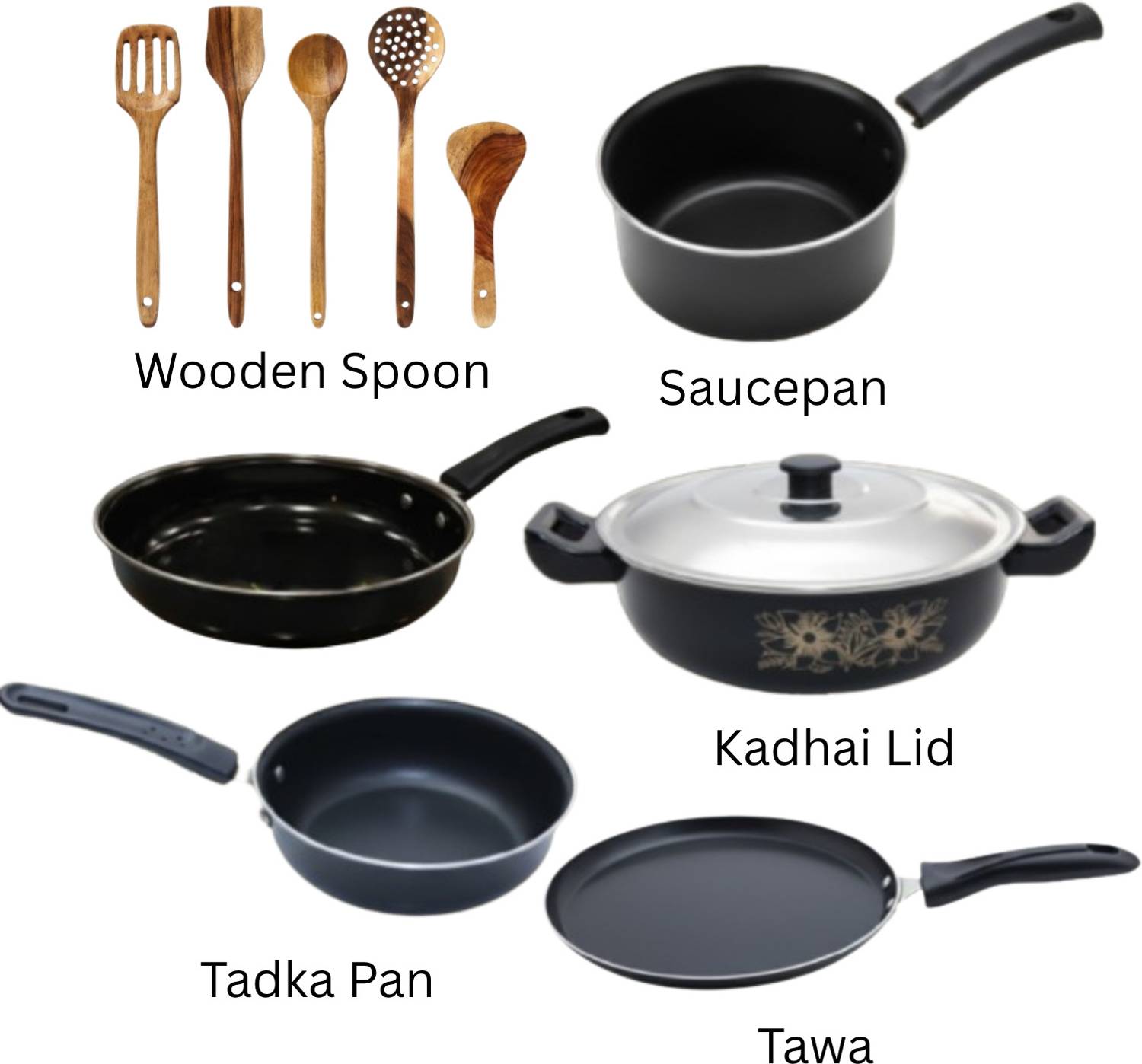 cookpro Combo Kadhai with Lid, Sauce pan, Frypan, Tadka Pan, Dosa Tawa Induction Bottom Non-Stick Coated Cookware Set