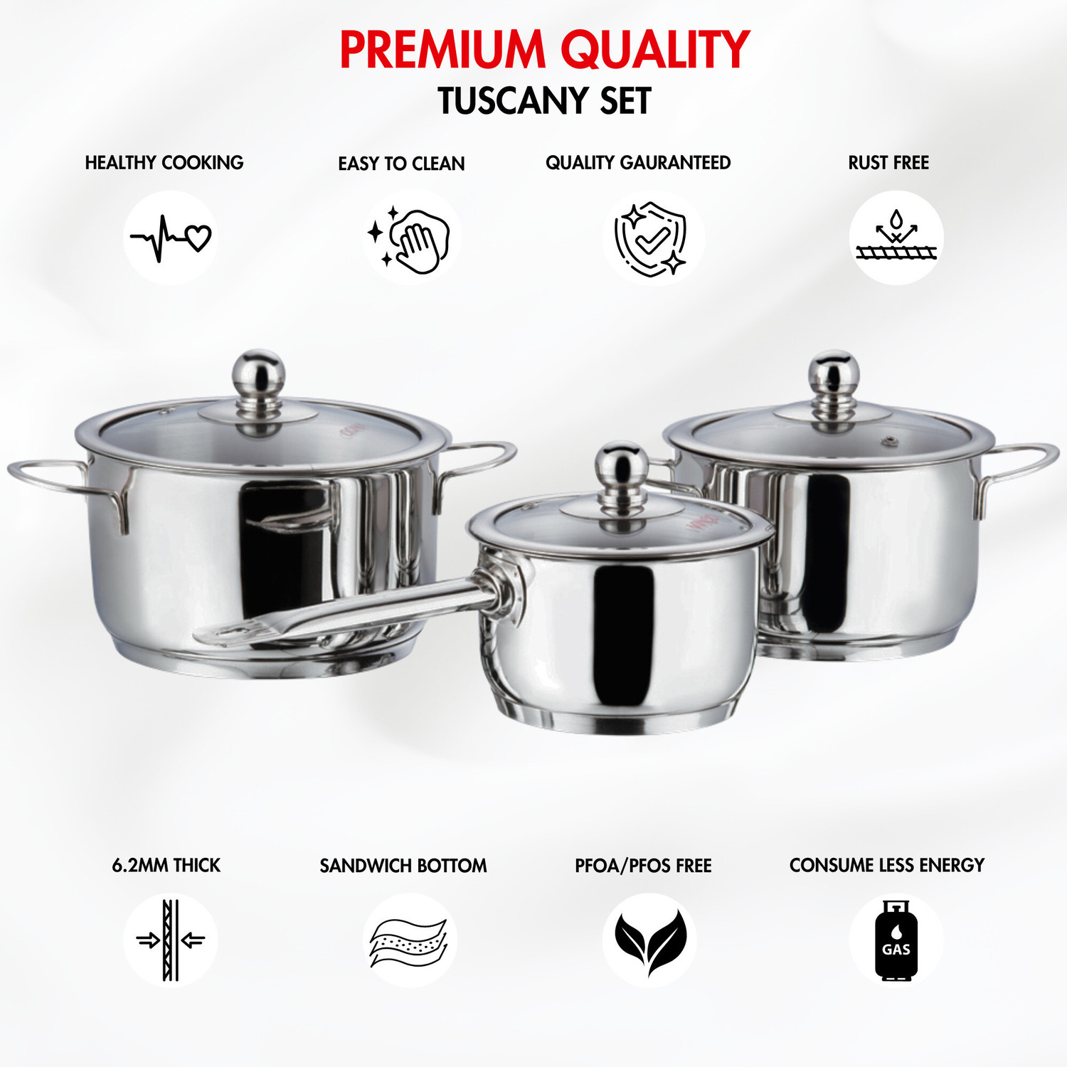 Image of VINOD Stainless Steel Induction Friendly Tuscany 3 Pcs Induction Bottom Cookware Set