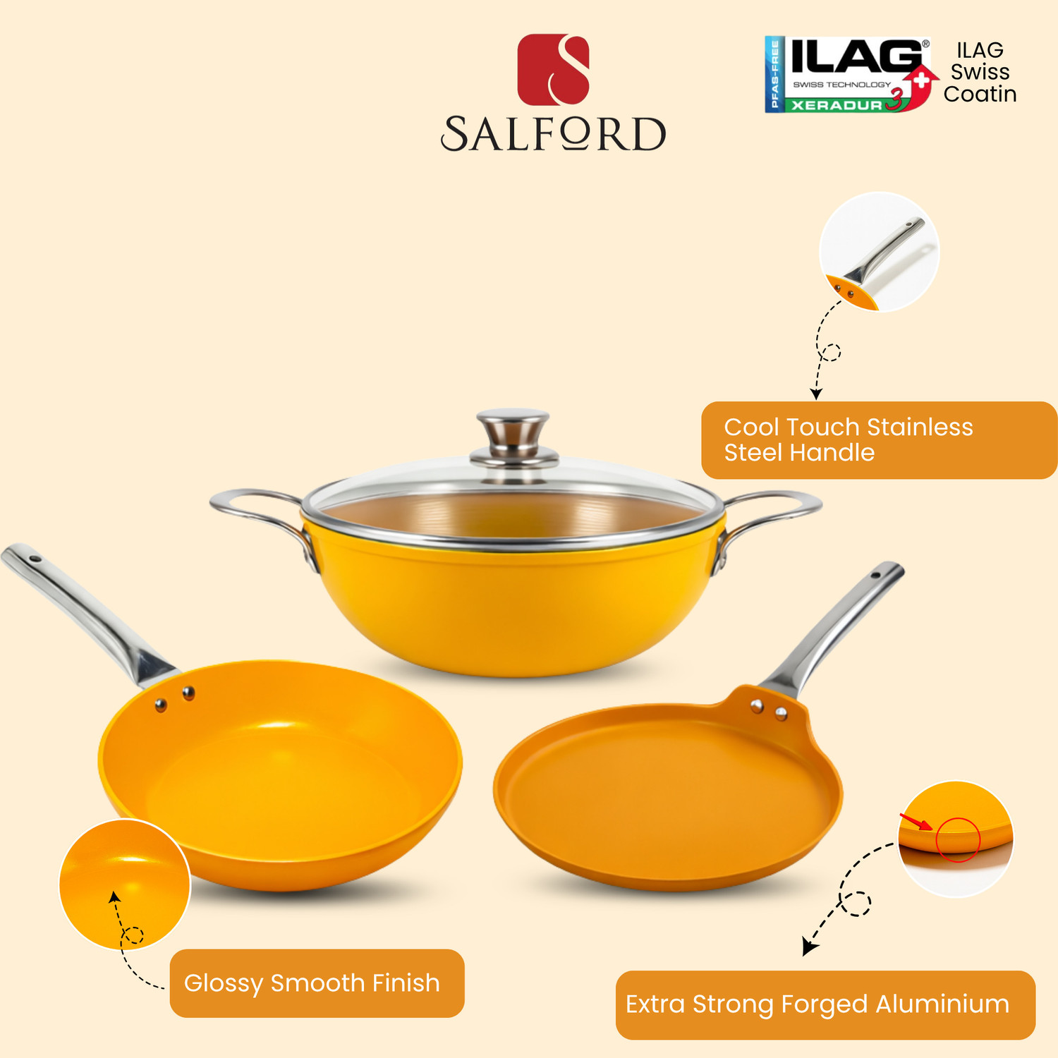 Image of Salford Forged Ceramic Non-Stick Set of 3 | Mustard Yellow | Induction Bottom Non-Stick Coated Cookware Set