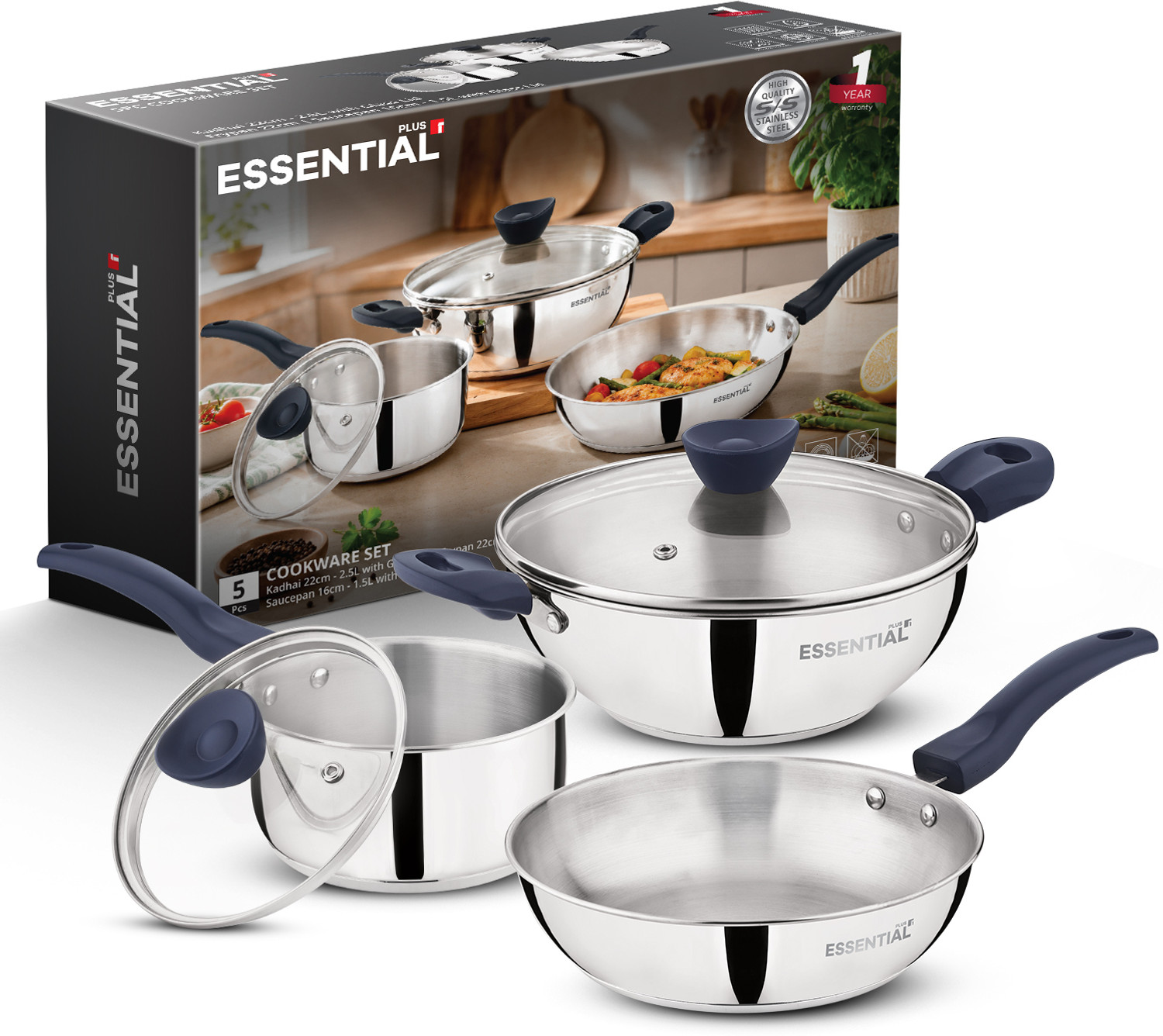 Image of BERGNER Essential Plus Stainless Steel 5 Pcs Cookware Set, Sturdy Bakelite Handle, Induction Bottom Cookware Set