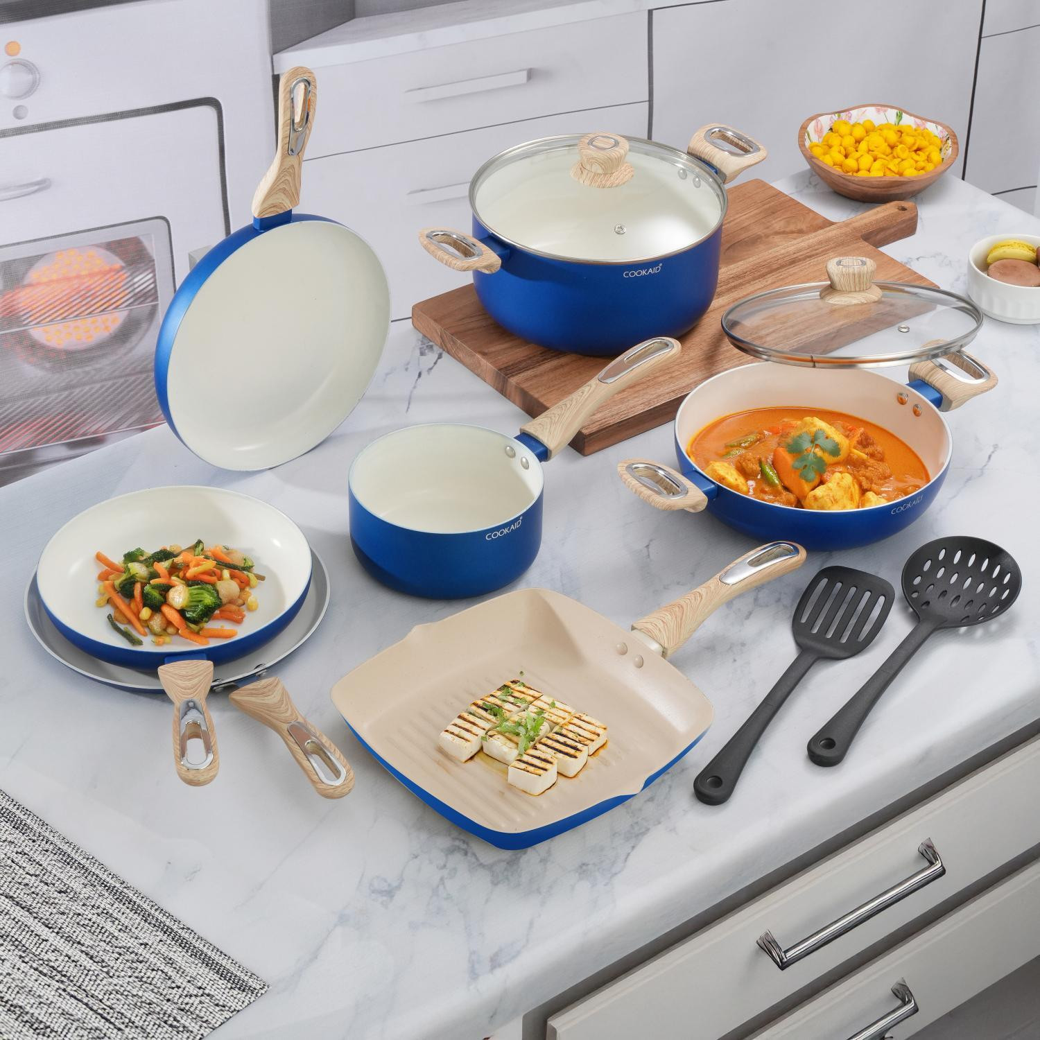 Image of Cook Aid Ceramic Non stick Coating Cook and Serve Induction Bottom Non-Stick Coated Cookware Set