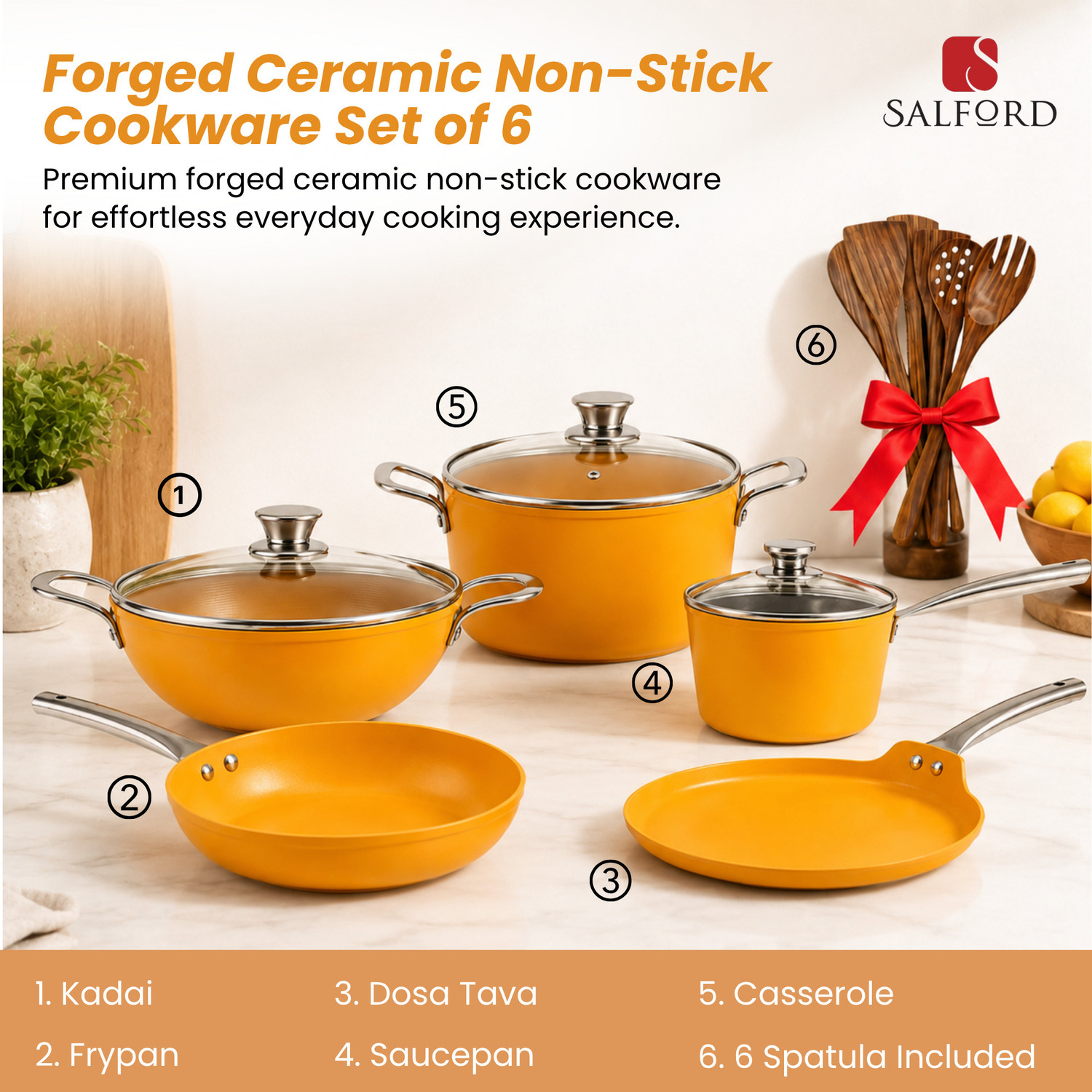 Image of Salford Forged Ceramic Non-Stick 14 Pcs Set Mustard Yellow Induction Bottom Non-Stick Coated Cookware Set