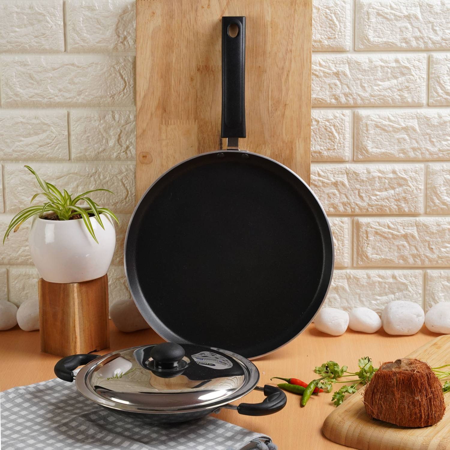 Kreme DELUXE 3mm NonStick Induction Bottom Appachetty + 280 Tawa Set of 2 pcs Induction Bottom Non-Stick Coated Cookware Set — Kadai & Handi