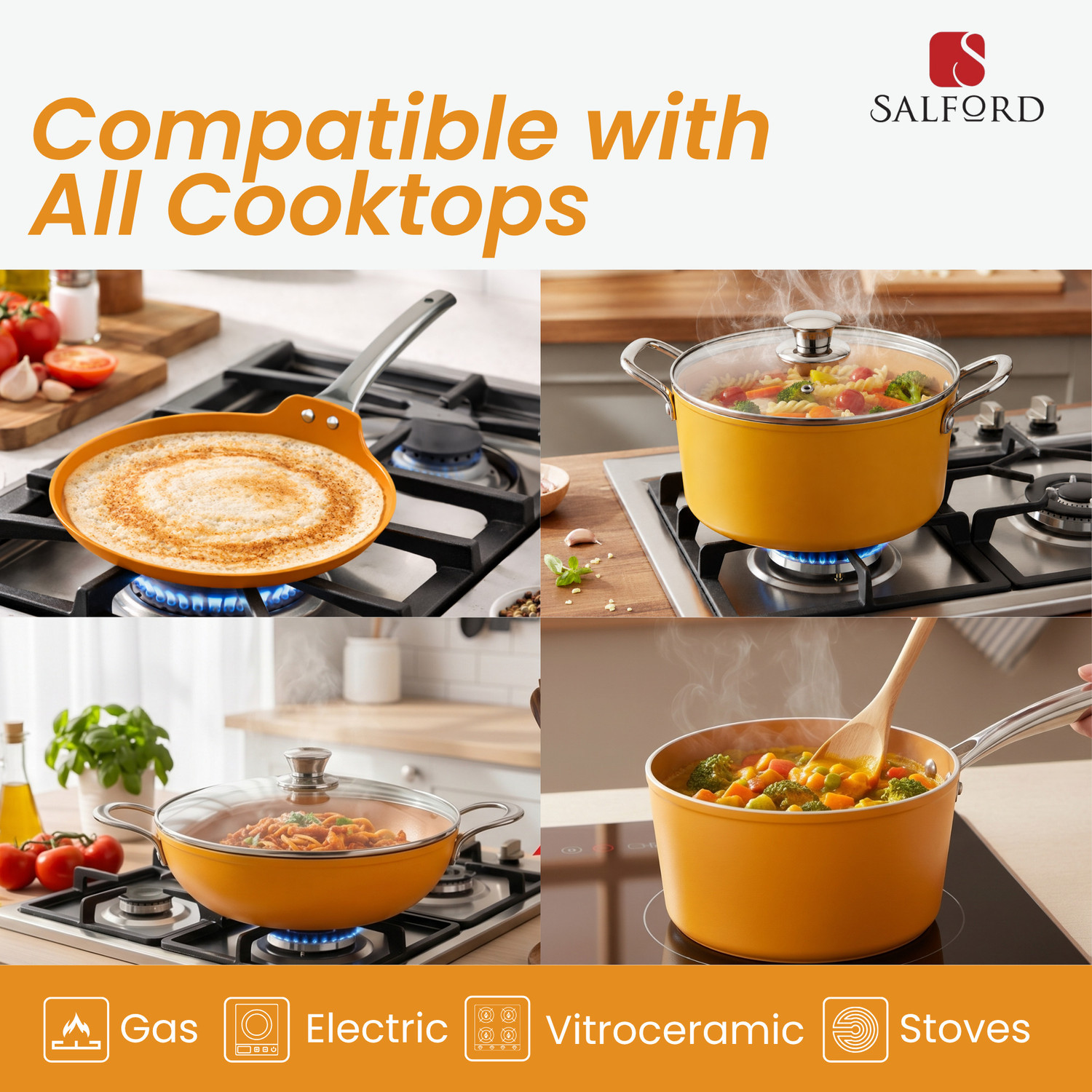 Image of Salford Forged Ceramic Non-Stick 14 Pcs Set Mustard Yellow Induction Bottom Non-Stick Coated Cookware Set