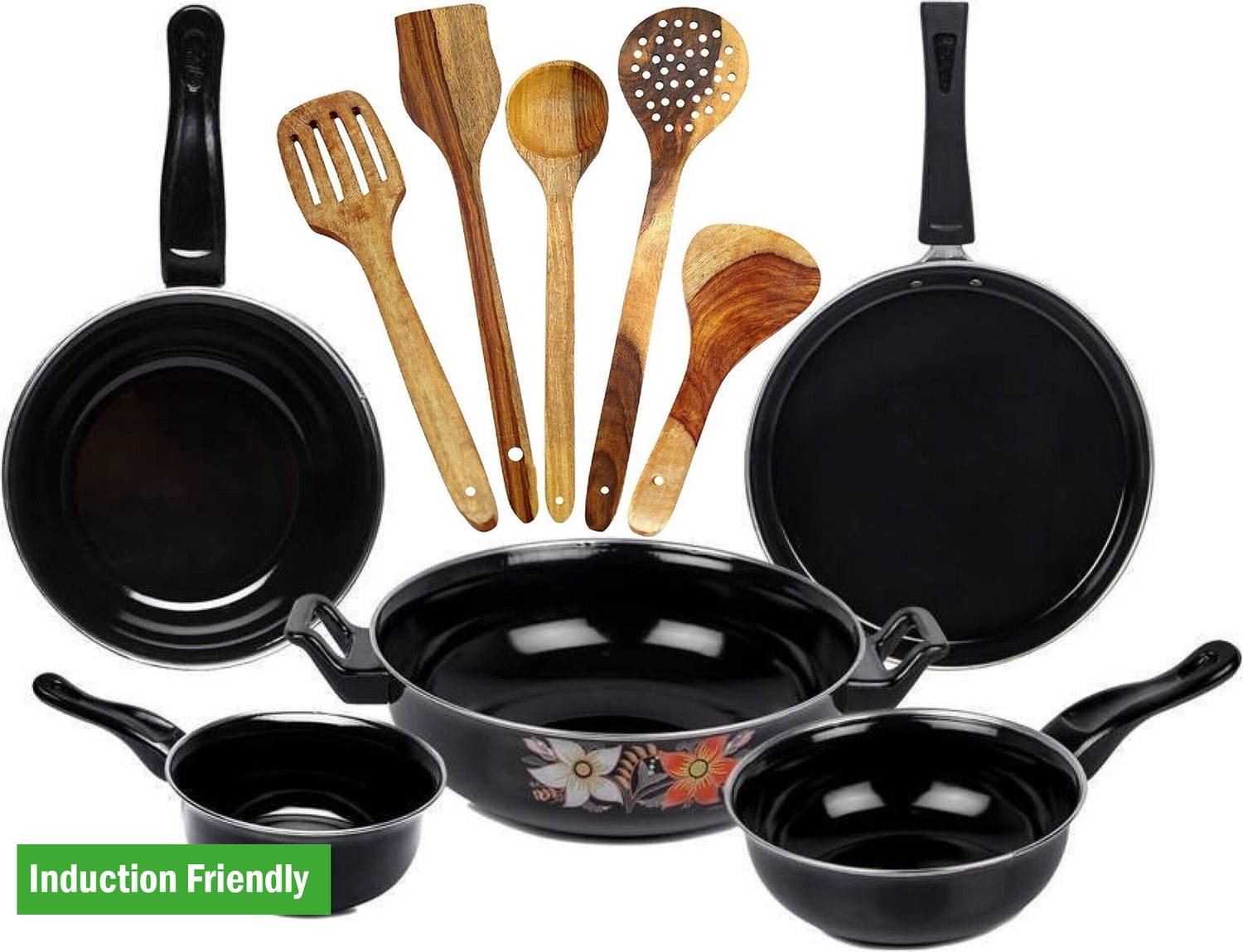 SILVOSWAN Dura Induction Nonstick Cookware 5 Pc Set With Wooden Cooking Spoon 5 Pc Induction Bottom Non-Stick Coated Cookware Set
