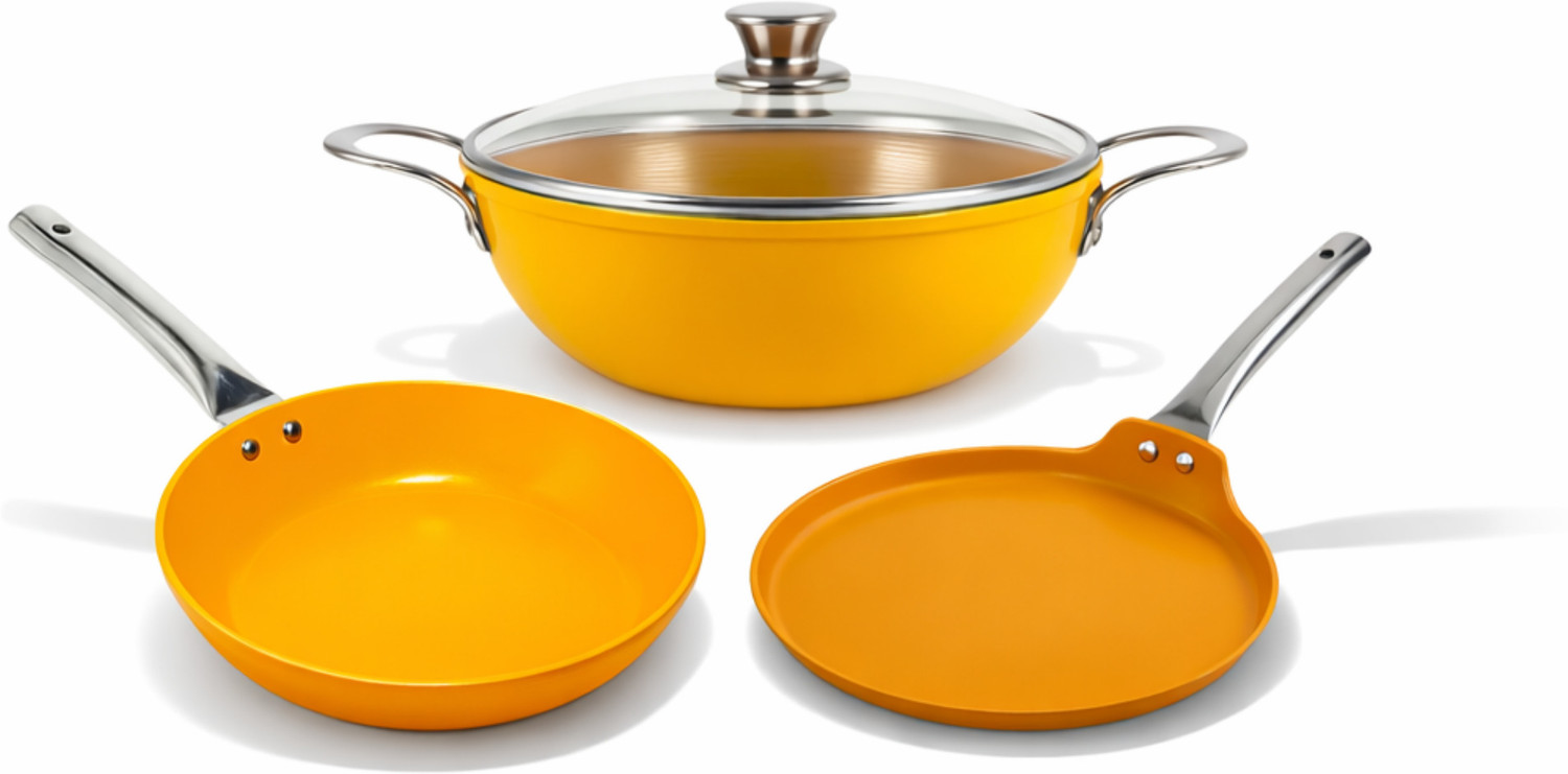Image of Salford Forged Ceramic Non-Stick Set of 3 | Mustard Yellow | Induction Bottom Non-Stick Coated Cookware Set