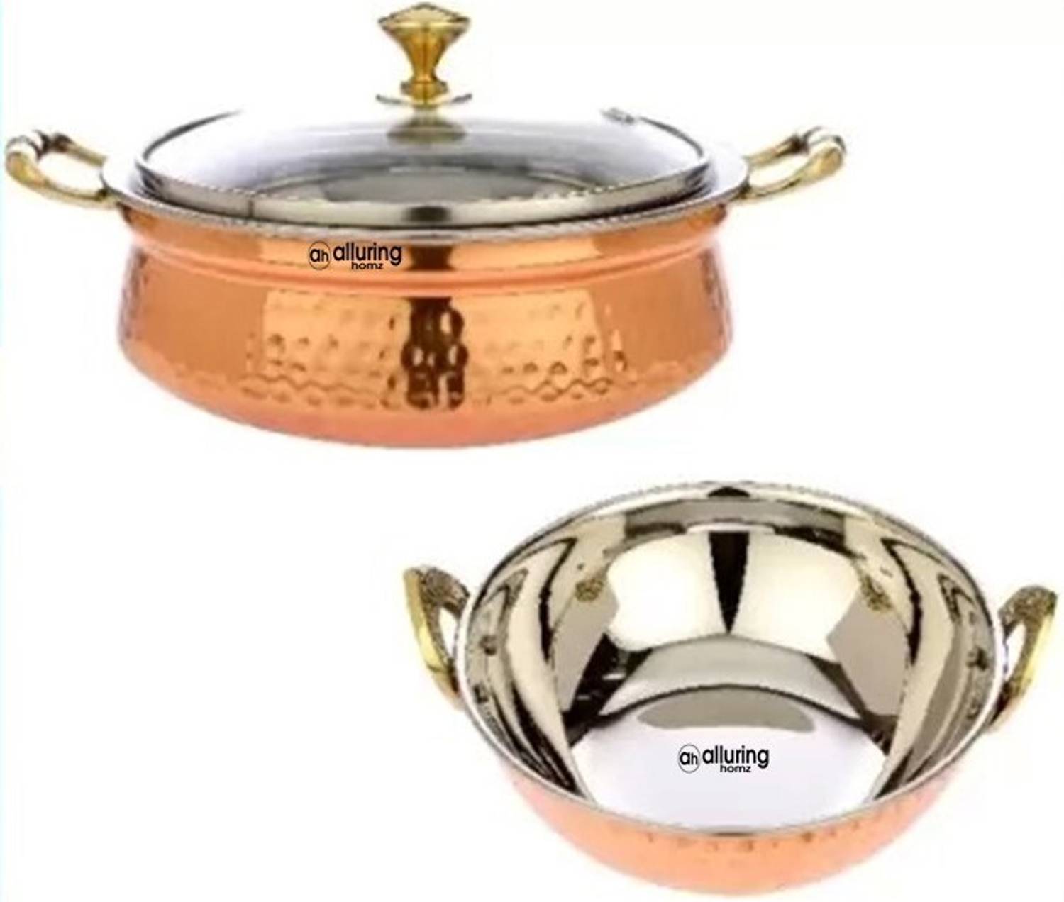 Alluring Homz Copper Steel Hammered Handi with Glass Lid 300ml + Copper Steel Kadhai 400ml Cookware Set