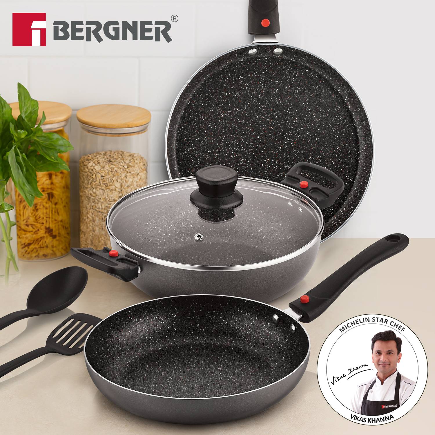 BERGNER Sherry Plus 5-Layer Non-Stick Cookware Set 6 Pcs with Detachable Handle - Induction Bottom Non-Stick Coated Cookware Set — Fry Pans & Cookware Sets