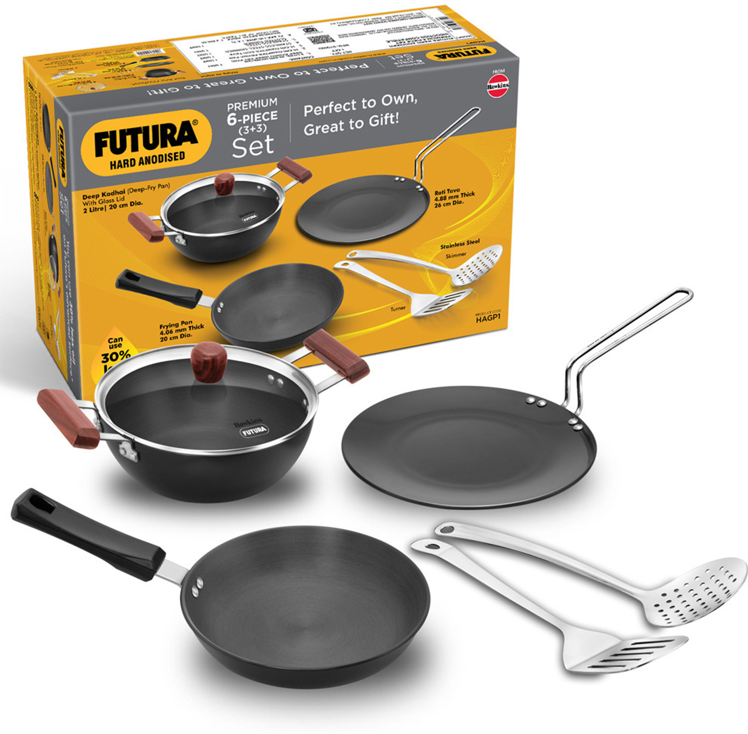 Image of Hawkins Futura Gift Set - Kadhai, Frying Pan, Tava, Lid, Skimmer, Turner (HAGP1) Induction Bottom Cookware Set