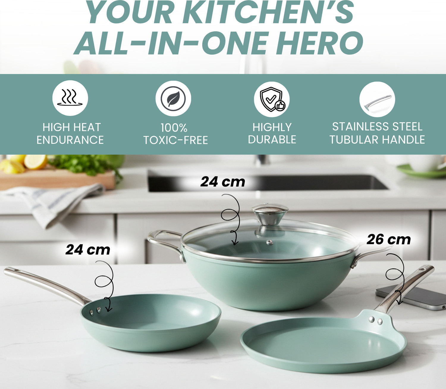 Image of Salford Forged Ceramic Non-Stick Set of 3 | Green | Induction Bottom Non-Stick Coated Cookware Set