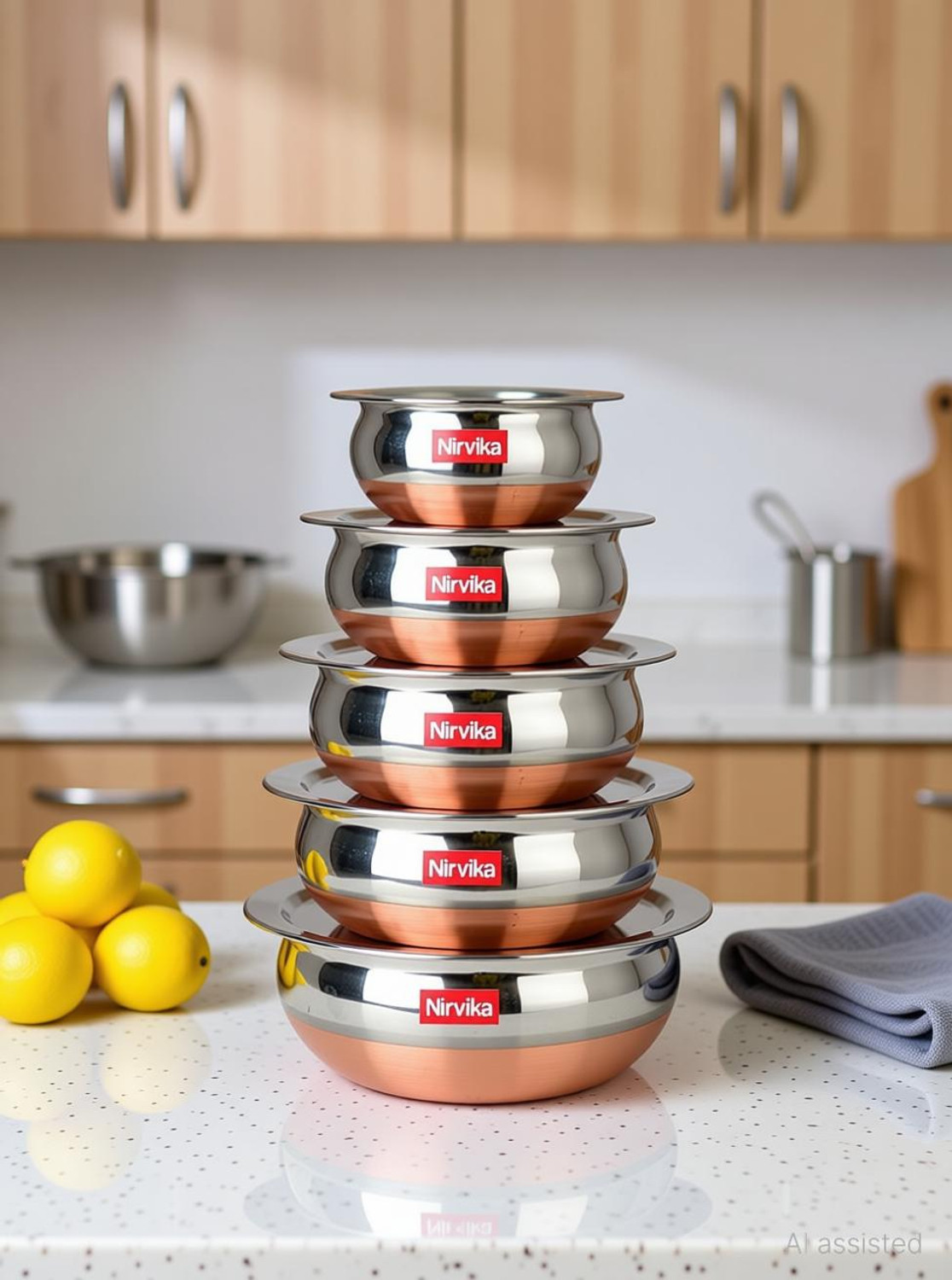 Image of Nirvika Stainless Steel Serving Bowl Copper Bottom Handi Set with Lid / Cookware Set /Dinner serving bowl patila