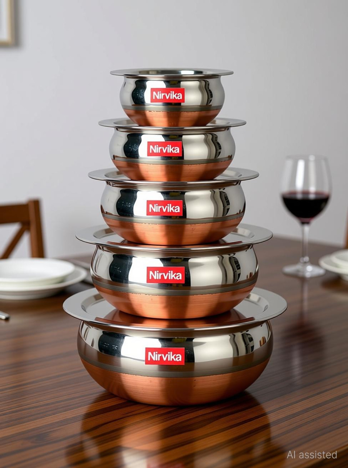 Image of Nirvika Stainless Steel Serving Bowl Copper Bottom Handi Set with Lid / Cookware Set /Dinner serving bowl patila