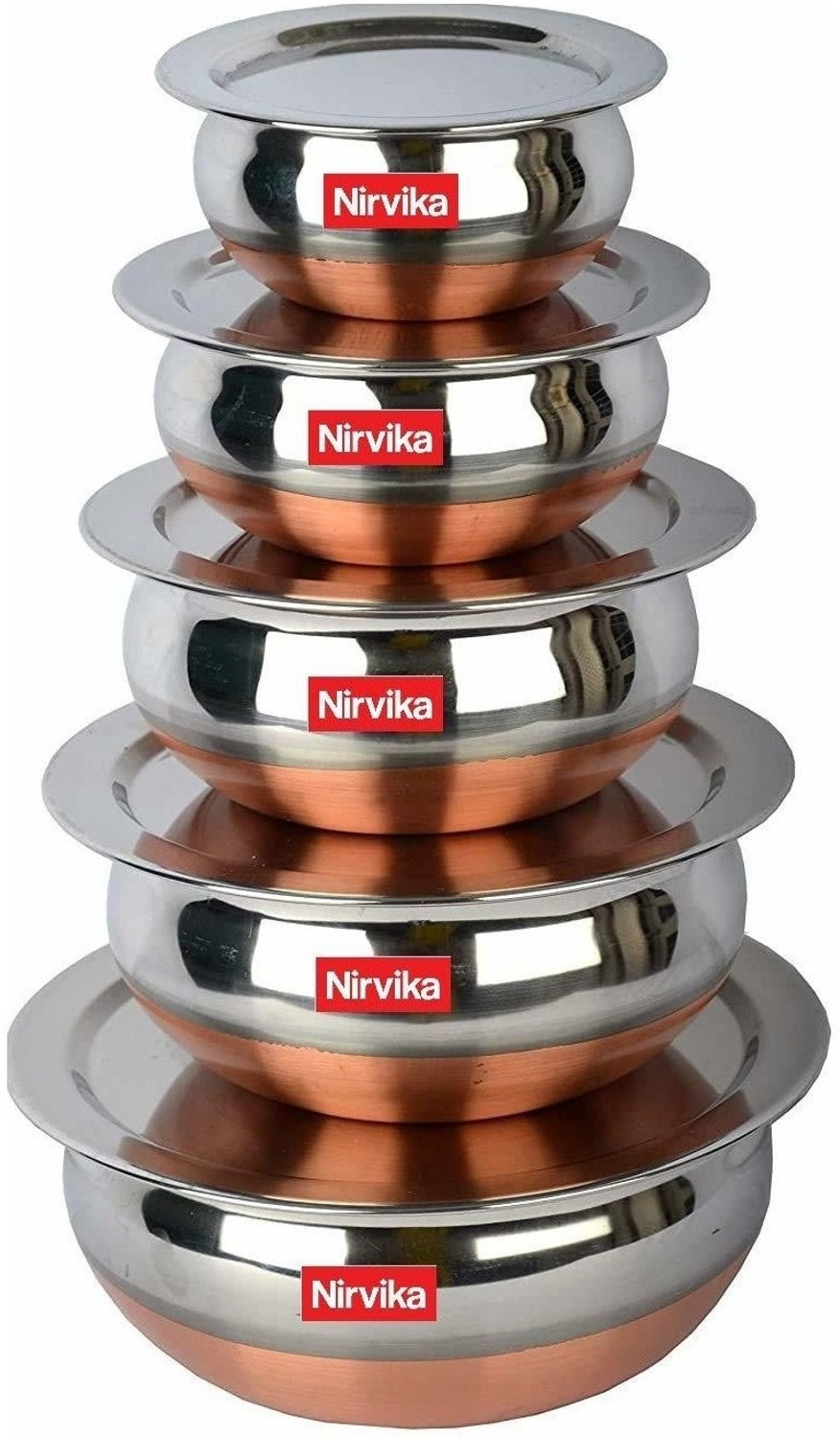 Image of Nirvika Stainless Steel Serving Bowl Copper Bottom Handi Set with Lid / Cookware Set /Dinner serving bowl patila