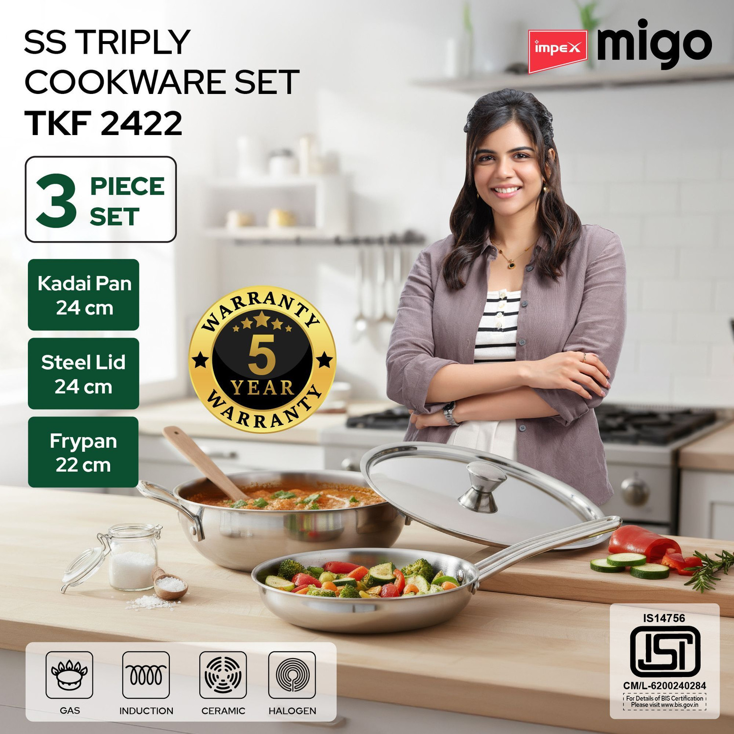 Image of IMPEX 3 Pcs SS Triply Cookware Set with 3-Layer Ultra Thick | Uniform Heating Induction Bottom Cookware Set