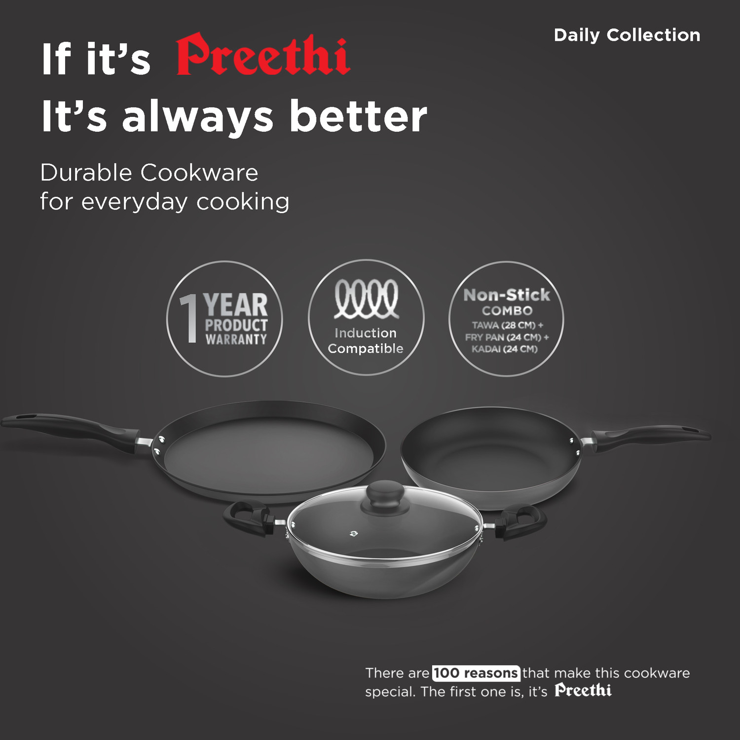 Image of Preethi Daily Collection Non Stick Set,28cm Tawa,24cm Fry Pan,Kadai 24cm, With Glass Lid Induction Bottom Non-Stick Coated Cookware Set (Aluminium, 3 - Piece)