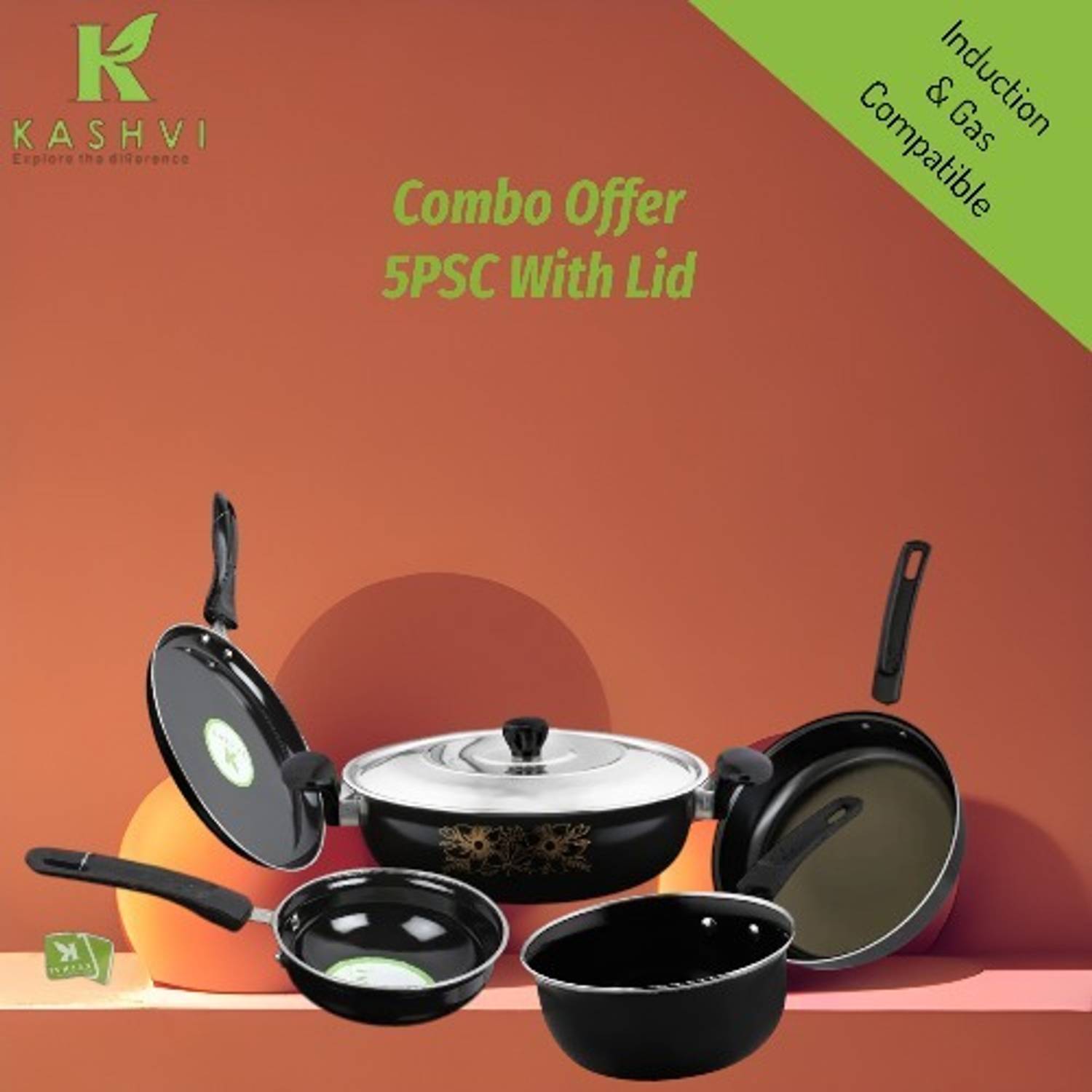 Kashvi Pack of 5 pc (Kadhai (With Lid), Fry Pan, Sauce Pan, Tadka