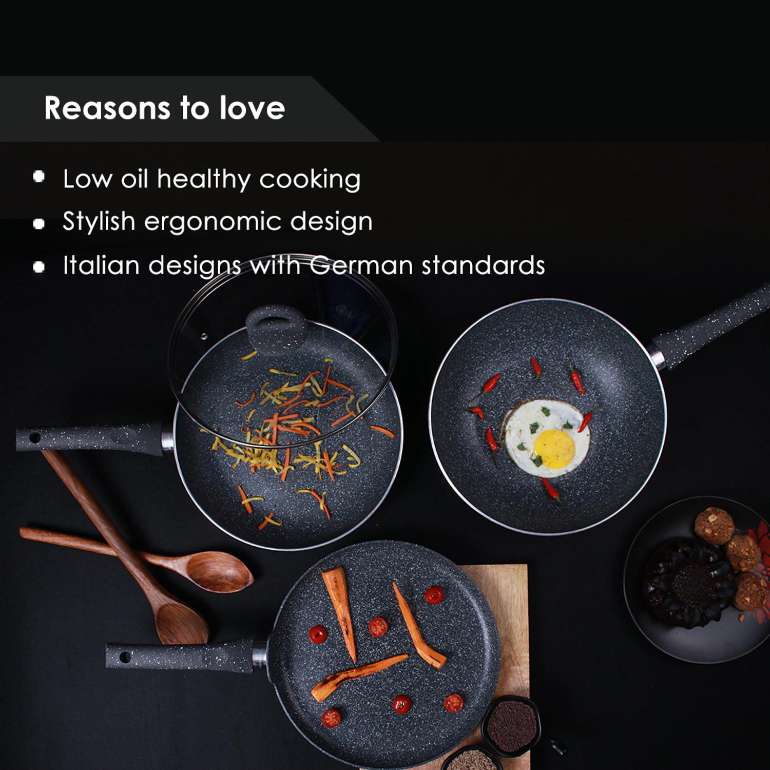 Image of WONDERCHEF Granite Non-stick 4-piece Cookware Set(Fry Pan with Lid, Wok, Dosa Tawa), Induction bottom, Soft-touch handles, Virgin grade aluminium, PFOA /Heavy metals free, 3.5mm, 2 years warranty Induction Bottom Non-Stick Coated Cookware Set