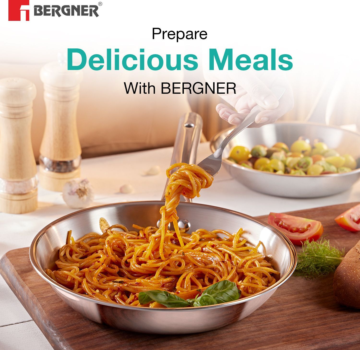 Image of BERGNER TriPro 3 Pcs Triply Set of 22cm /2.1L Kadai, 22cm /1L Frypan, 14cm /1.1L Teapan, Induction Bottom Cookware Set