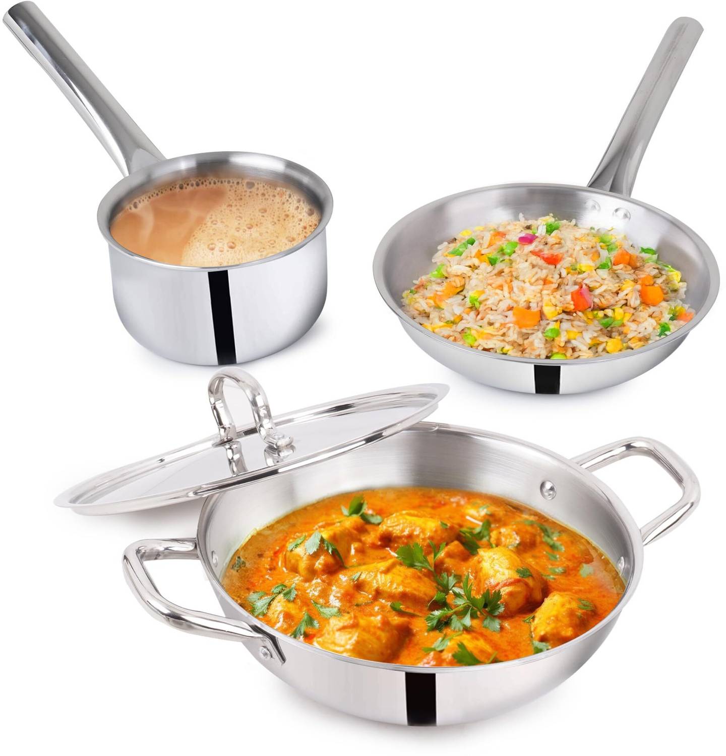 The Indus Valley Triply Stainless Steel Cookware Set | Set of Kadai, Fry Pan & Milk Pan Induction Bottom Cookware Set — Kadai & Handi