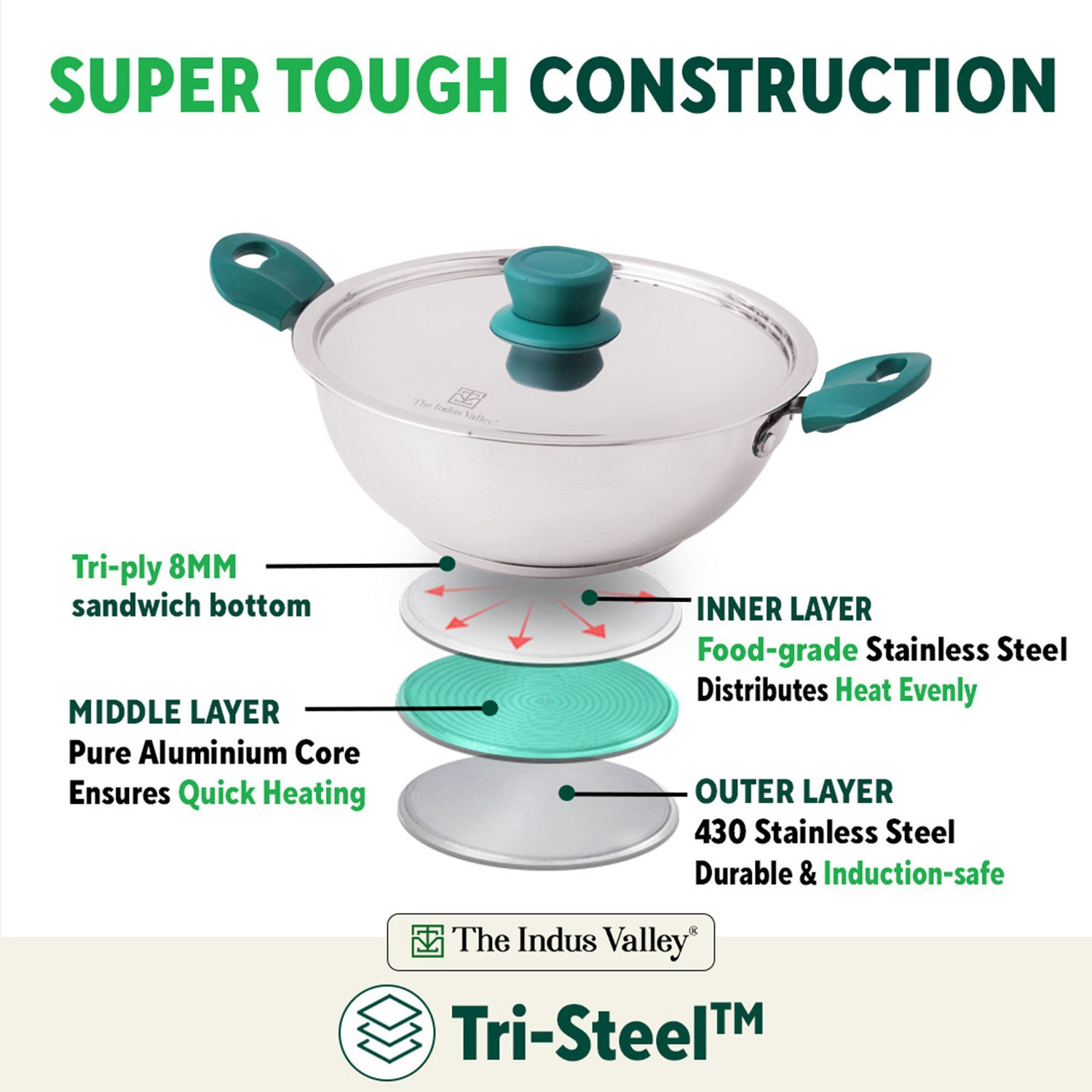 Image of The Indus Valley Stainless steel cookware set of 5 | Kadai, Frypan, Sauce pan Induction Bottom Cookware Set