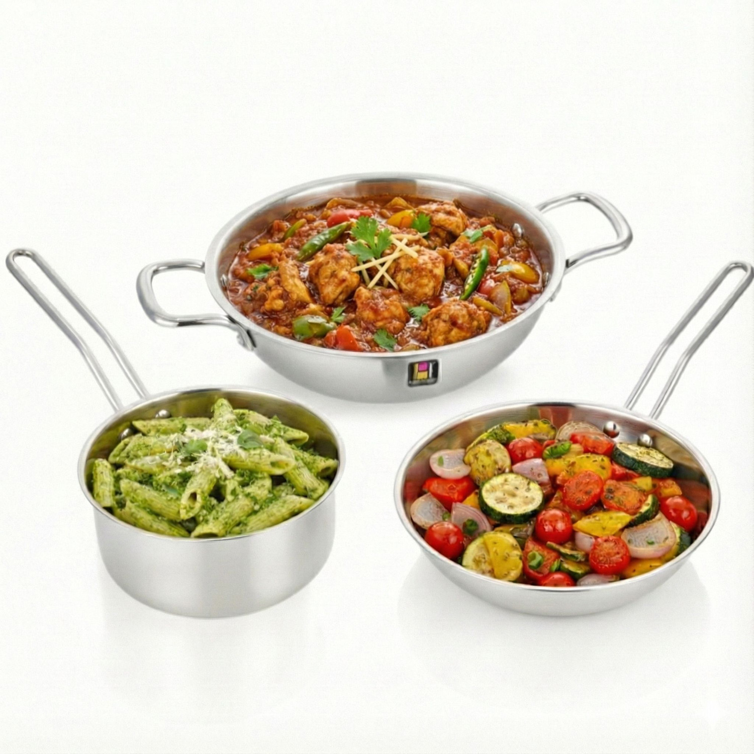 Image of Human Hydro Prime Triply Cookware Combo - 16cm Sauce Pan, 22cm Fry Pan, 24cm Kadai Induction Bottom Cookware Set
