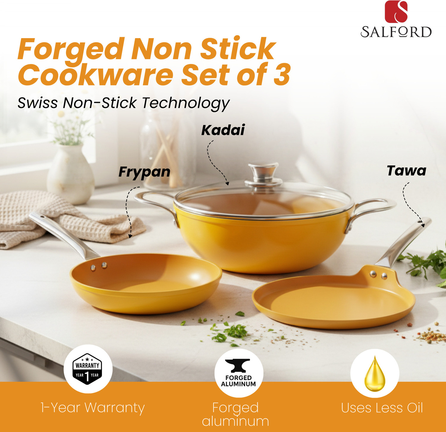 Image of Salford Forged Ceramic Non-Stick Set of 3 | Mustard Yellow | Induction Bottom Non-Stick Coated Cookware Set