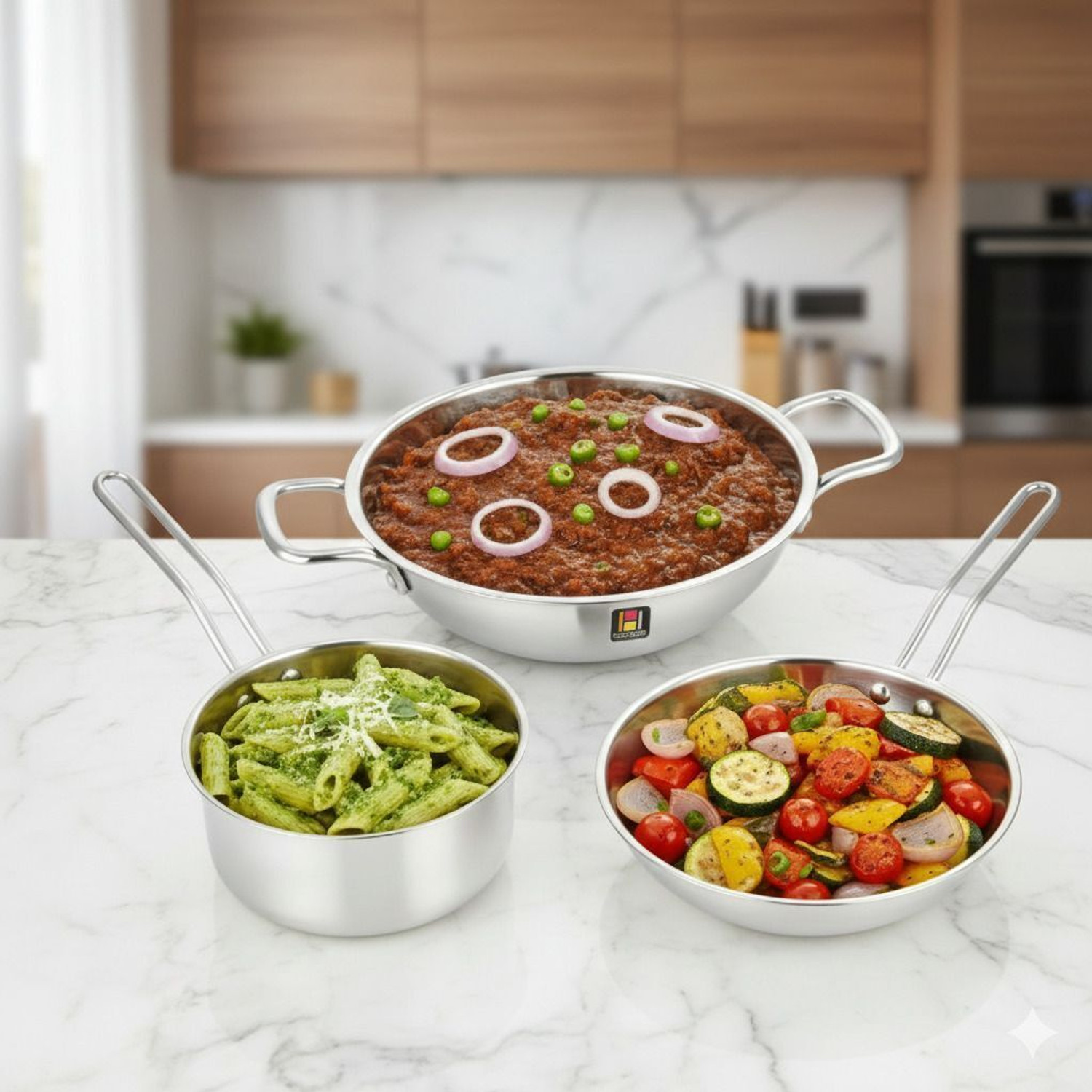 Image of Human Hydro Prime Triply Cookware Combo - 16cm Sauce Pan, 22cm Fry Pan, 24cm Kadai Induction Bottom Cookware Set