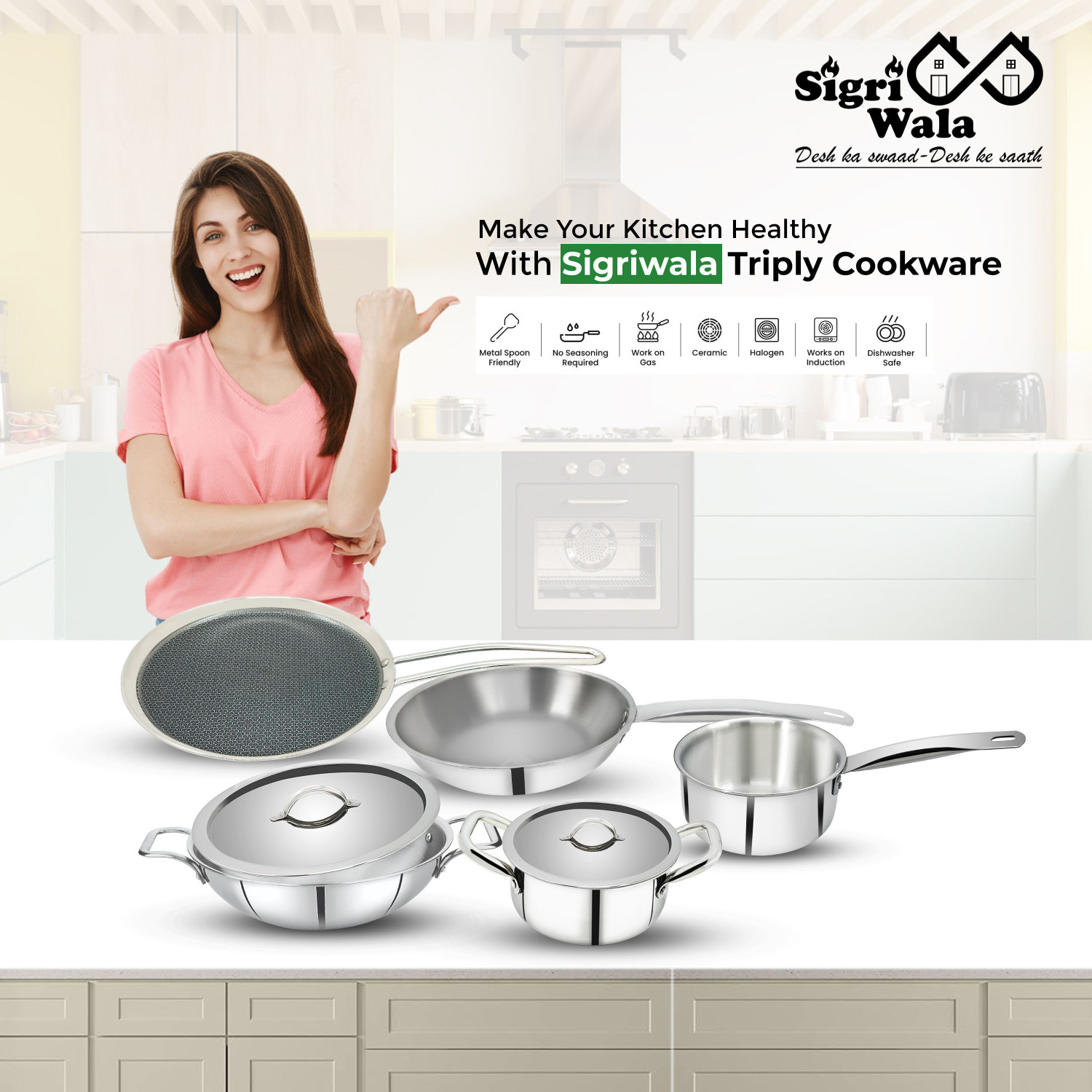 Image of Sigri-wala Triply 7Pcs Combo Kadai22cm, FryPan22cm,Saucepan16cm,Casserole18cm,Tawa27cm,LID Induction Bottom Cookware Set