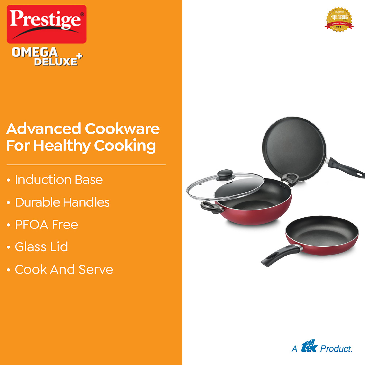 Image of Prestige Omega Deluxe Plus BYK Set of 3-Tawa, Fry Pan & Kadai with Glass Lid Induction Bottom Non-Stick Coated Cookware Set