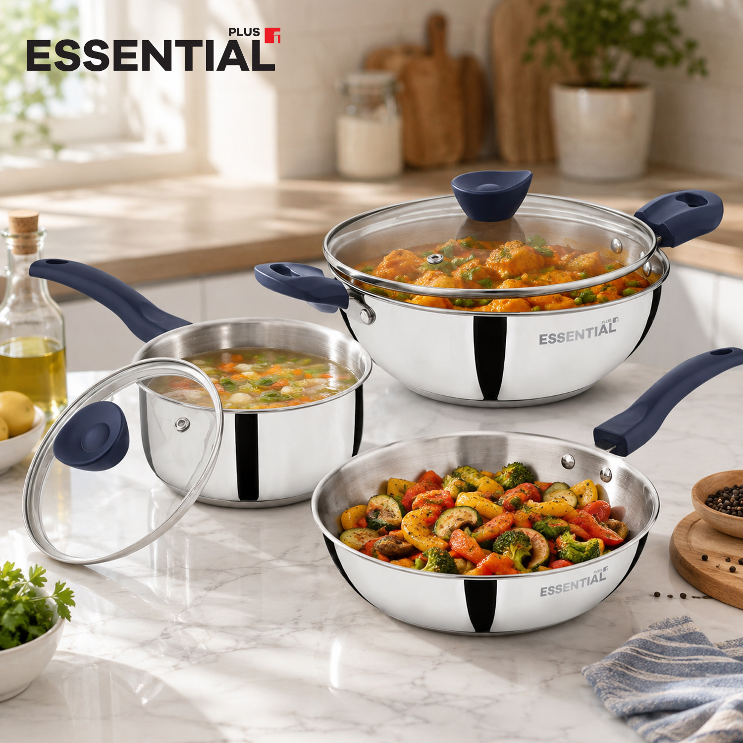 Image of BERGNER Essential Plus Stainless Steel 5 Pcs Cookware Set, Sturdy Bakelite Handle, Induction Bottom Cookware Set