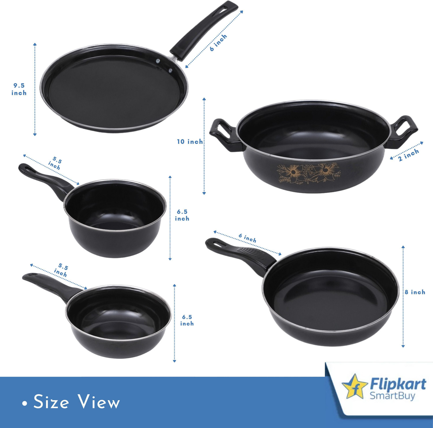Image of Flipkart SmartBuy Cookware Set - Kadhai, Tawa, Fry Pan, Sauce Pan, Tadka Pan, 5 Wooden Spatula - Induction Bottom Non-Stick Coated Cookware Set