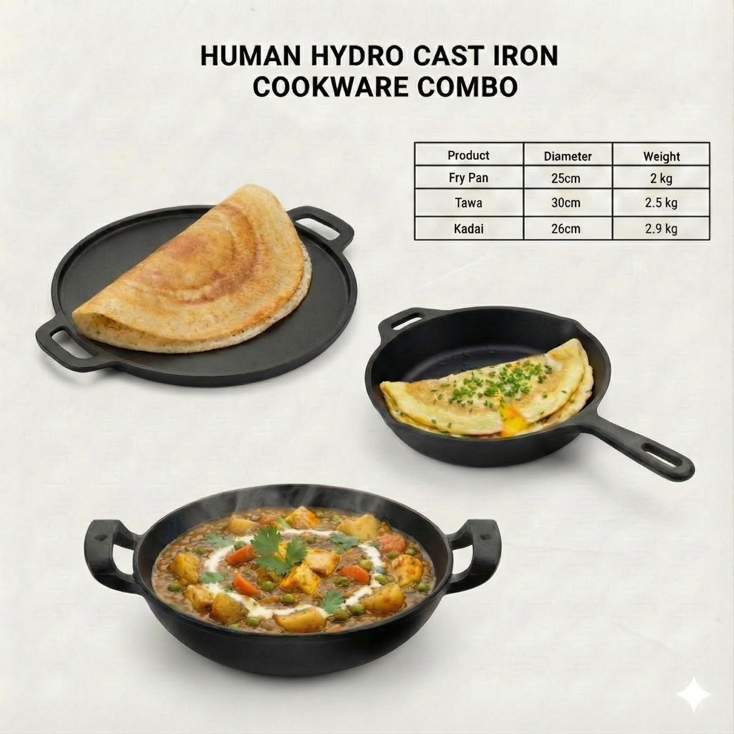 Image of Human Hydro Cast Iron Combo - 30cm Tawa, 25cm Fry Pan, 26cm Kadai With Wooden Spatula Induction Bottom Cookware Set