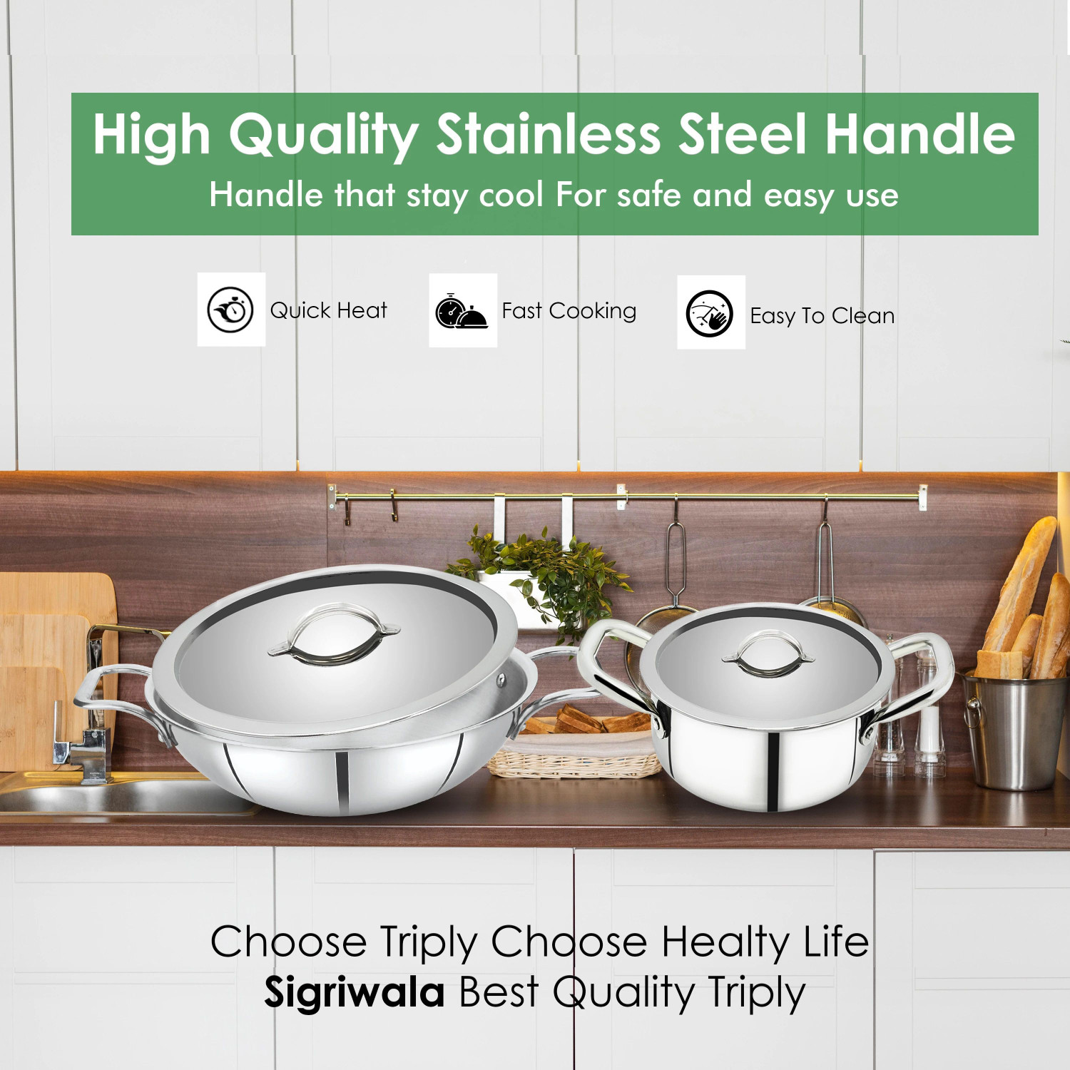 Image of Sigri-wala Triply 7Pcs Combo Kadai22cm, FryPan22cm,Saucepan16cm,Casserole18cm,Tawa27cm,LID Induction Bottom Cookware Set