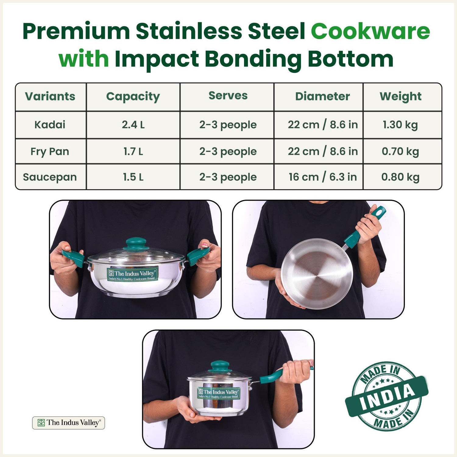Image of The Indus Valley StainlessSteel Heavy Impact Bonded Triply Kadai 22cm, Frypan 22cm, Saucepan 16cm Induction Bottom Cookware Set
