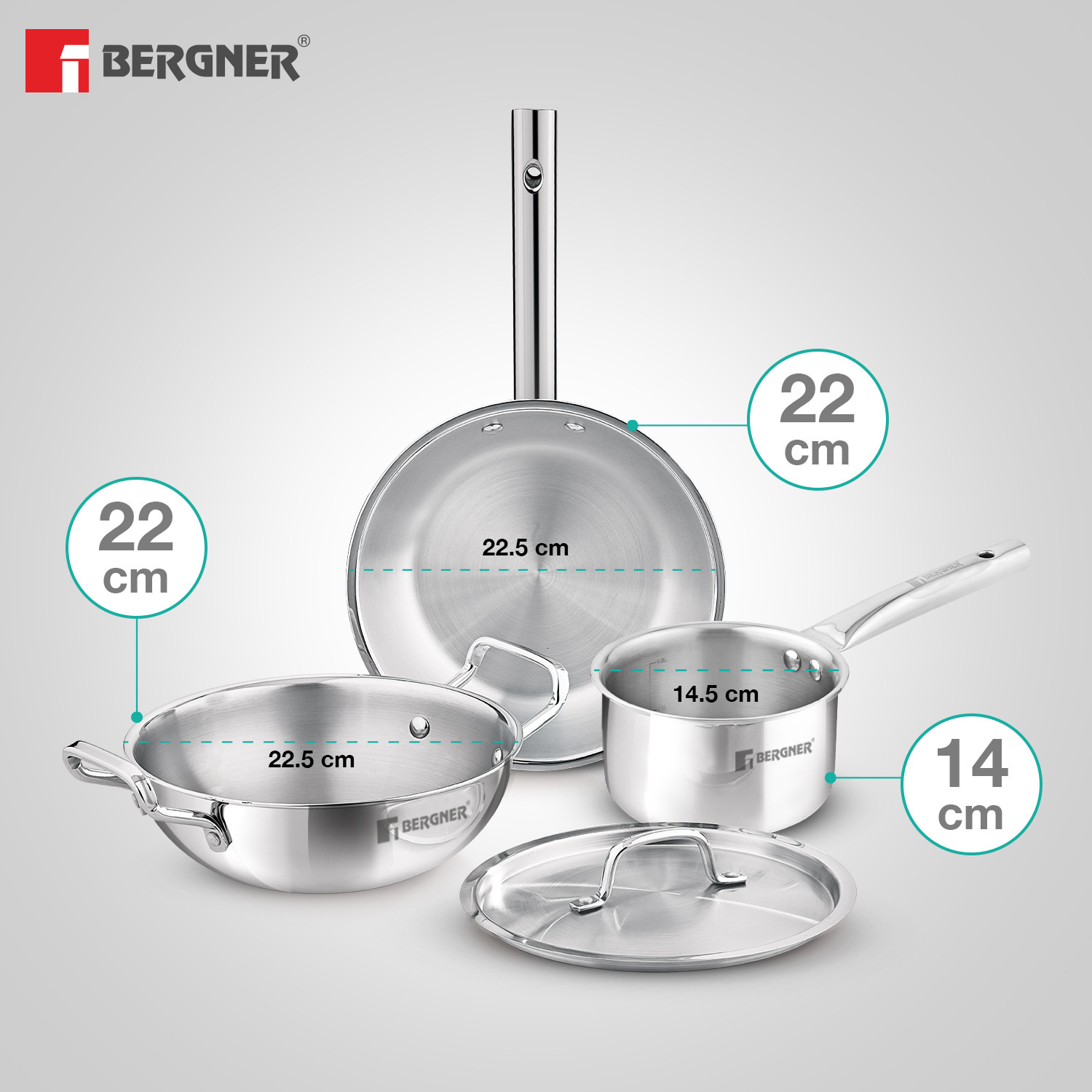 Image of BERGNER Bergner Tripro 4 Pcs Triply Stainless Steel Set / Induction Bottom Cookware Set