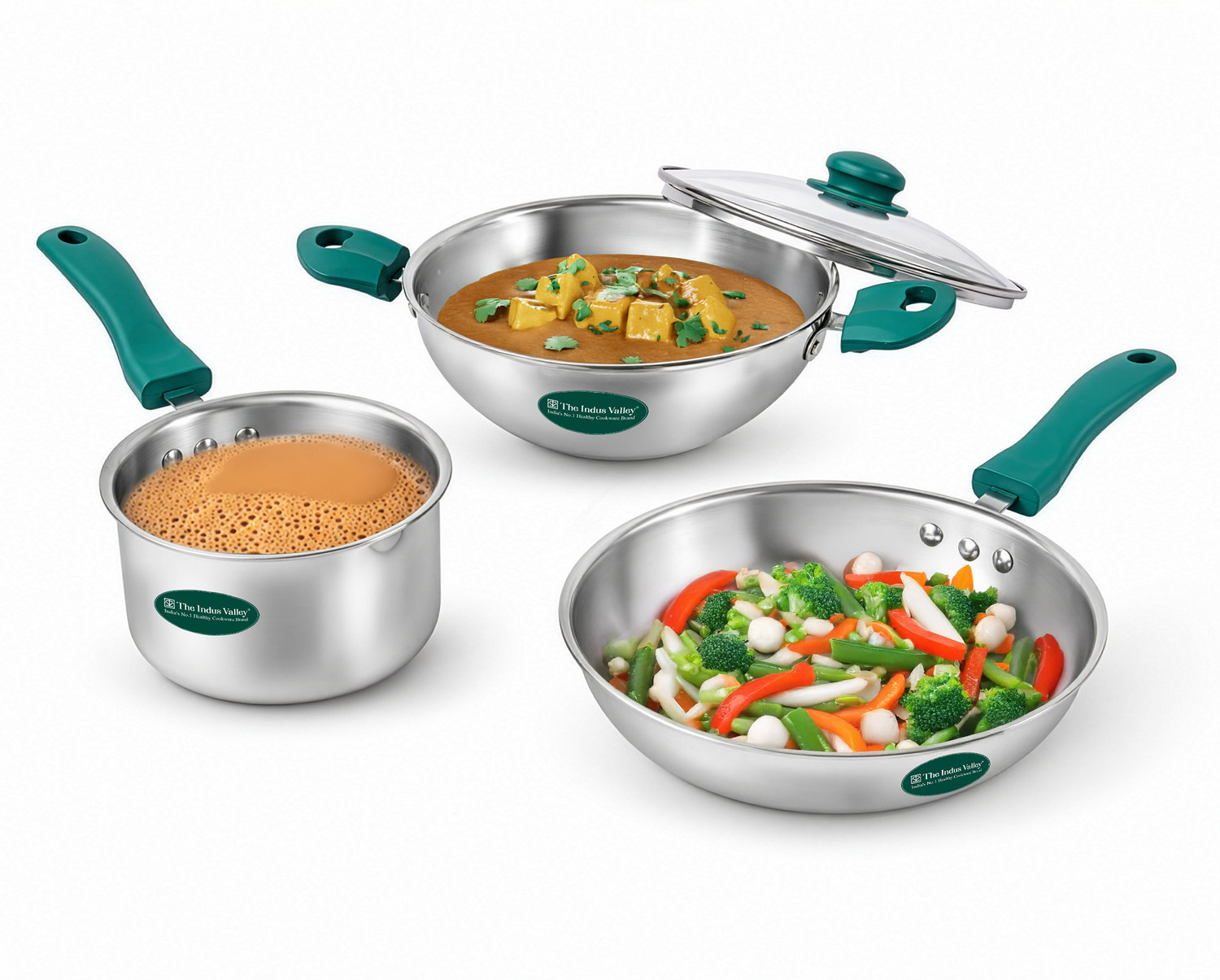 Image of The Indus Valley Triply Stainless Steel Cookware Set- Kadai, Fry pan, Saucepan Induction Bottom Non-Stick Coated Cookware Set